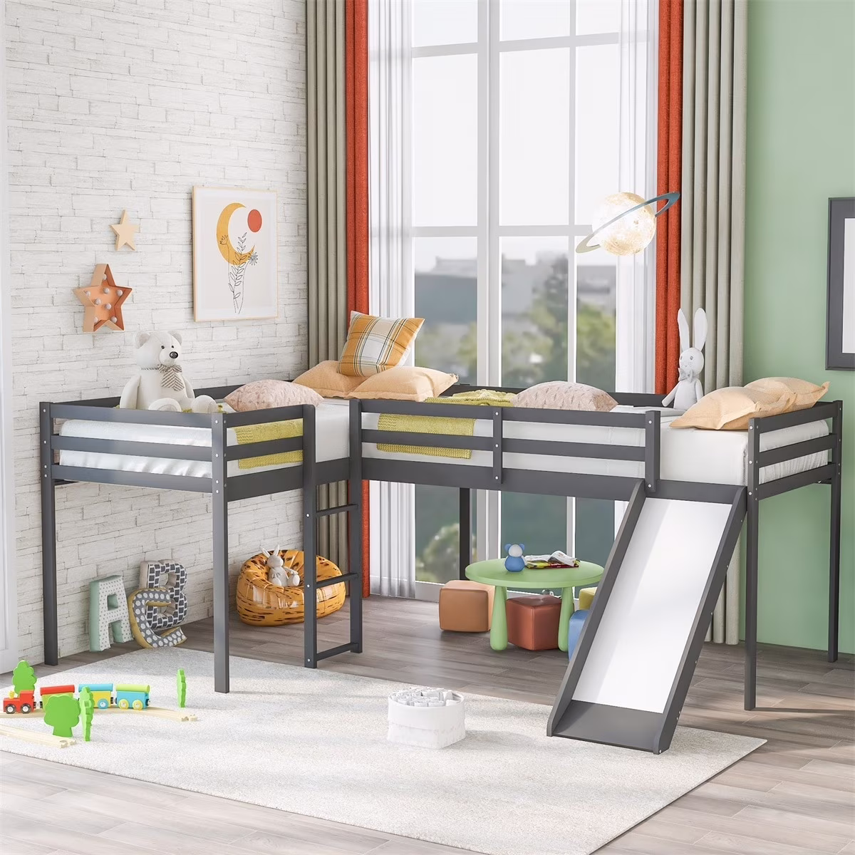 MERAX  L-Shaped Twin Size Wood Loft Bed with Ladder and Slide Grey