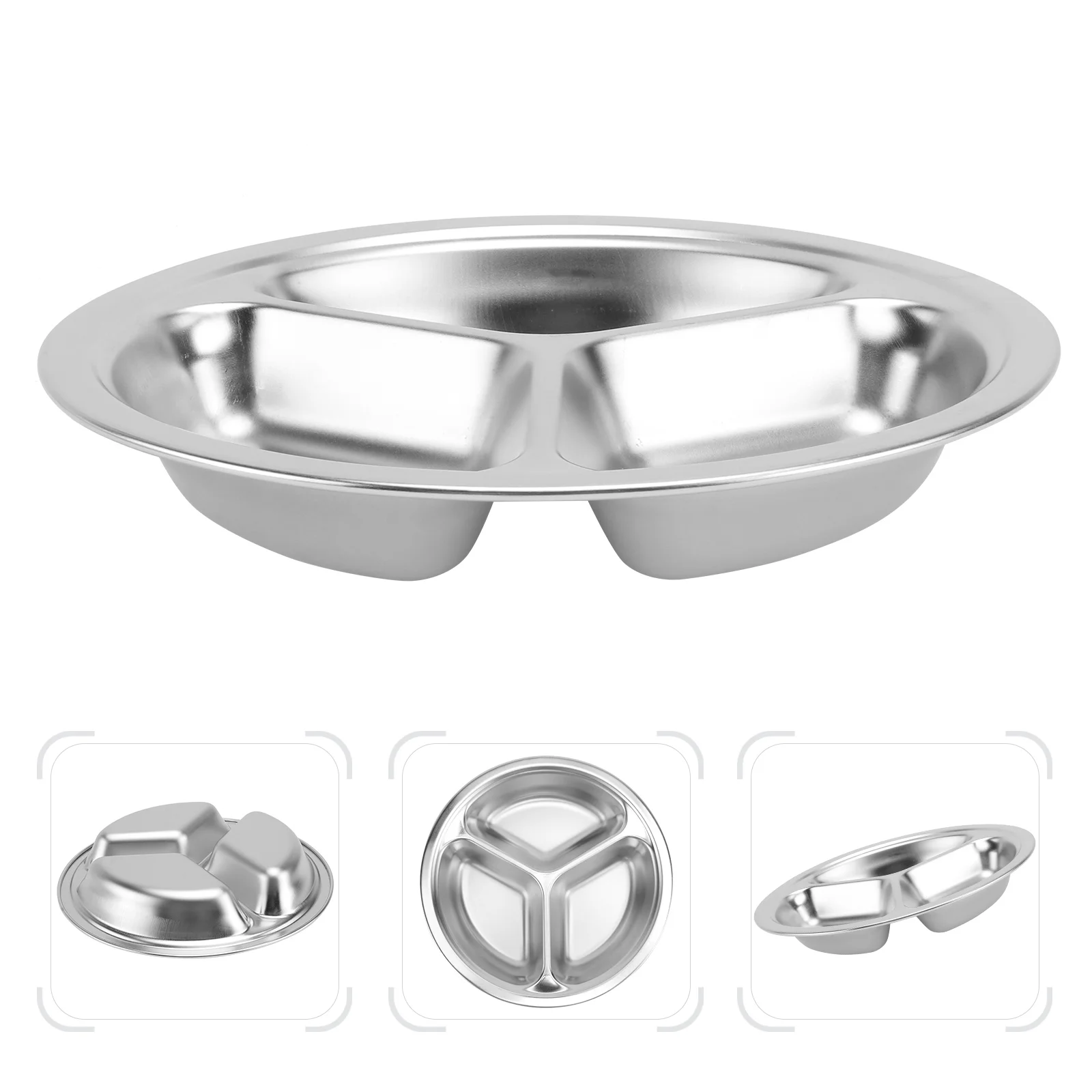 3Pcs Round Stainless Steel Dinner Tray Separation Plates Fast Food Plate Rice Dishes Silver (20cm, 3 Grids)