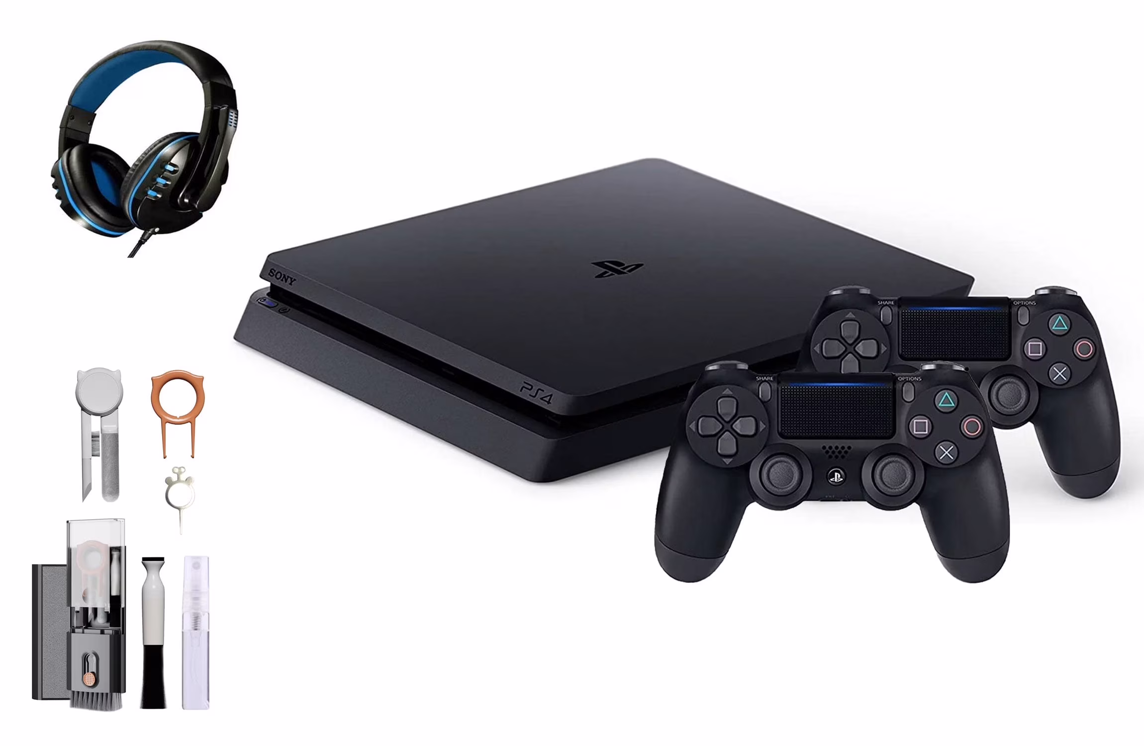 Sony 2215B PlayStation 4 Slim 500GB Gaming Console Black, Headset 2 Controller With BOLT AXTION Cleaning Kit Bundle Like New