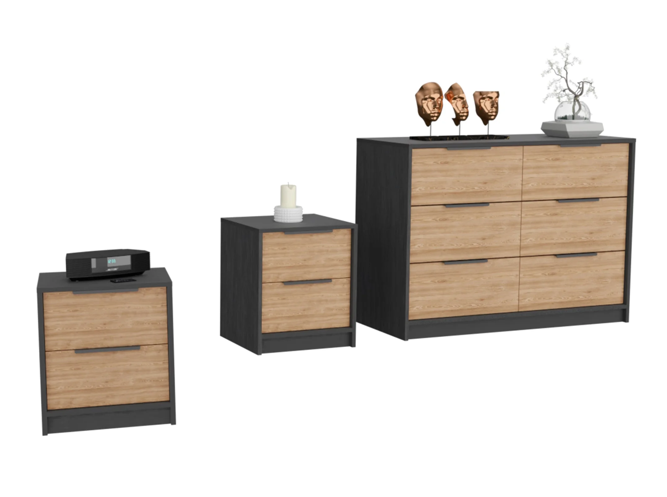 CoSoTower 3-Piece Bedroom Set, Two Nightstands and Dresser, Black and Pine
