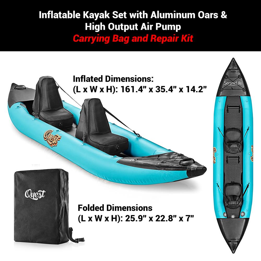 SereneLife 2 Person Inflatable Kayak - Double Kayak with Aluminum Paddles, Repair Kit - Aqua