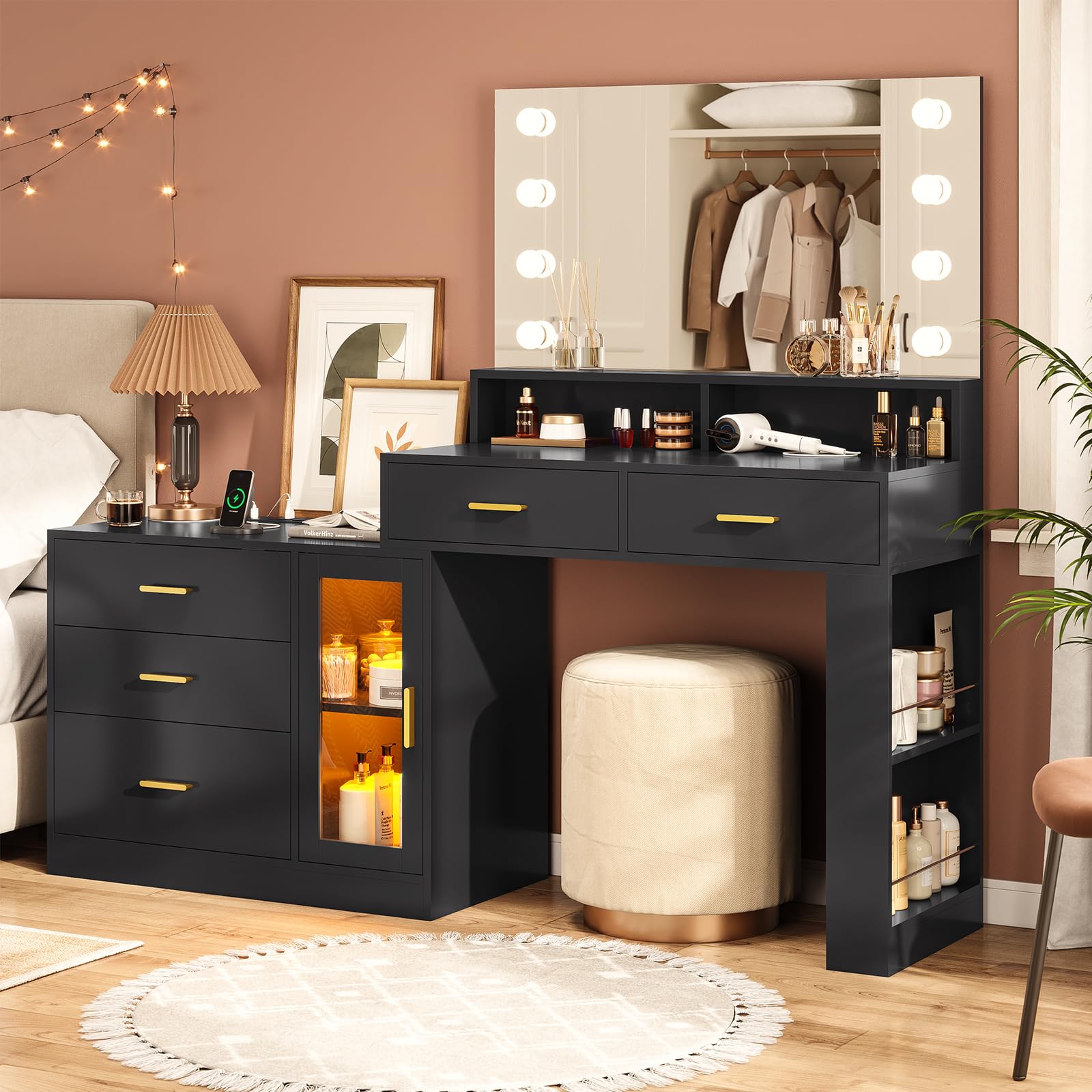 Vanity Table with Charging Station, Makeup Dressing Desk with 3 Drawers LED Dresser, Black