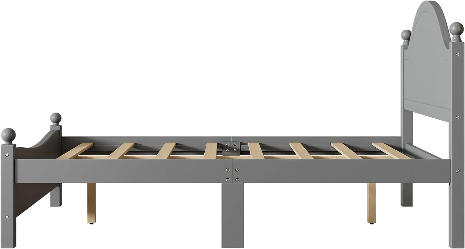 Queen Size Traditional Concise Style Platform Bed, Solid Wood Bed Frame with Curved Lines Design Headboard for Bedroom, No Need Box Spring