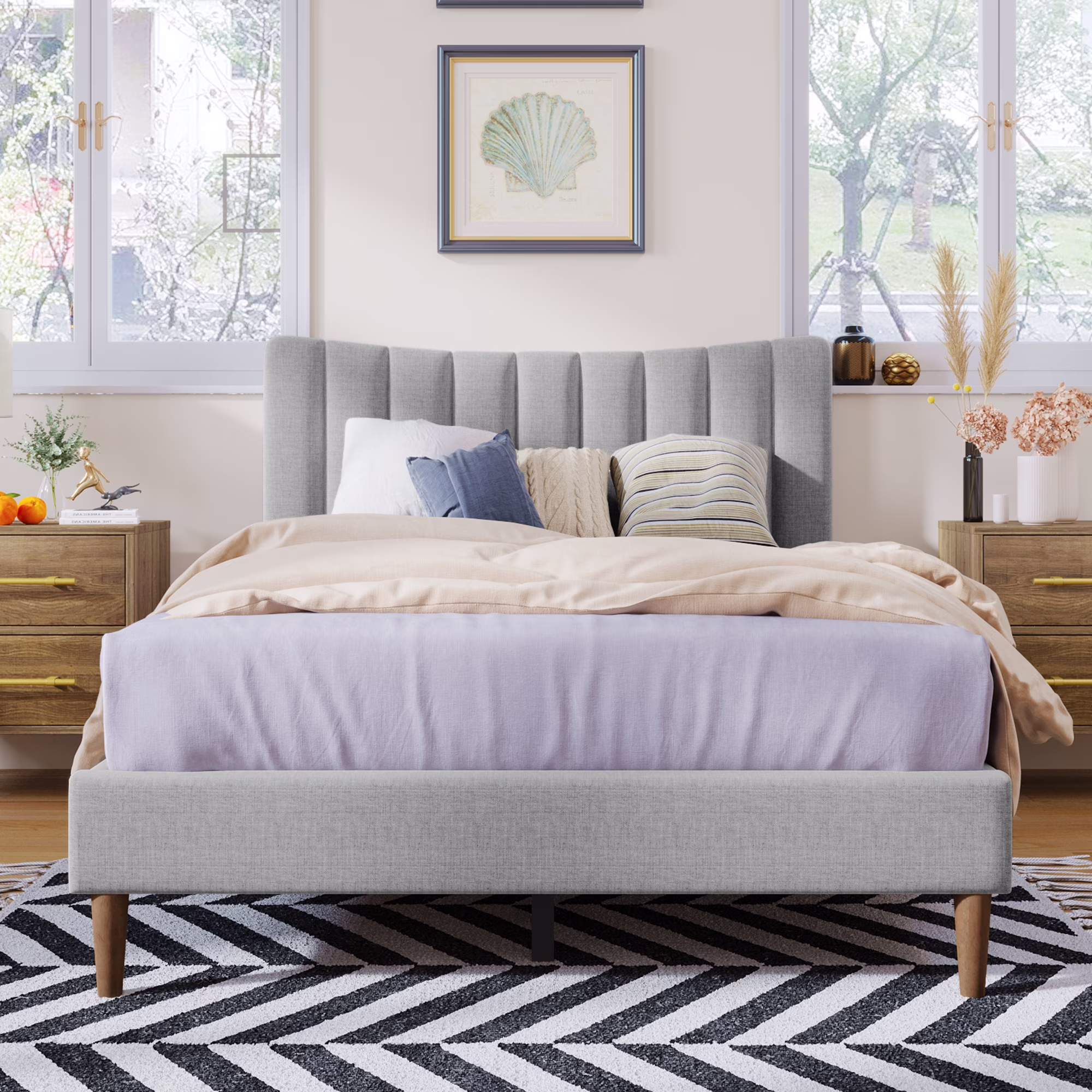 Docooler Upholstered Platform Bed Frame with Vertical Channel Tufted Headboard, No Box Spring Needed, Full,Gray