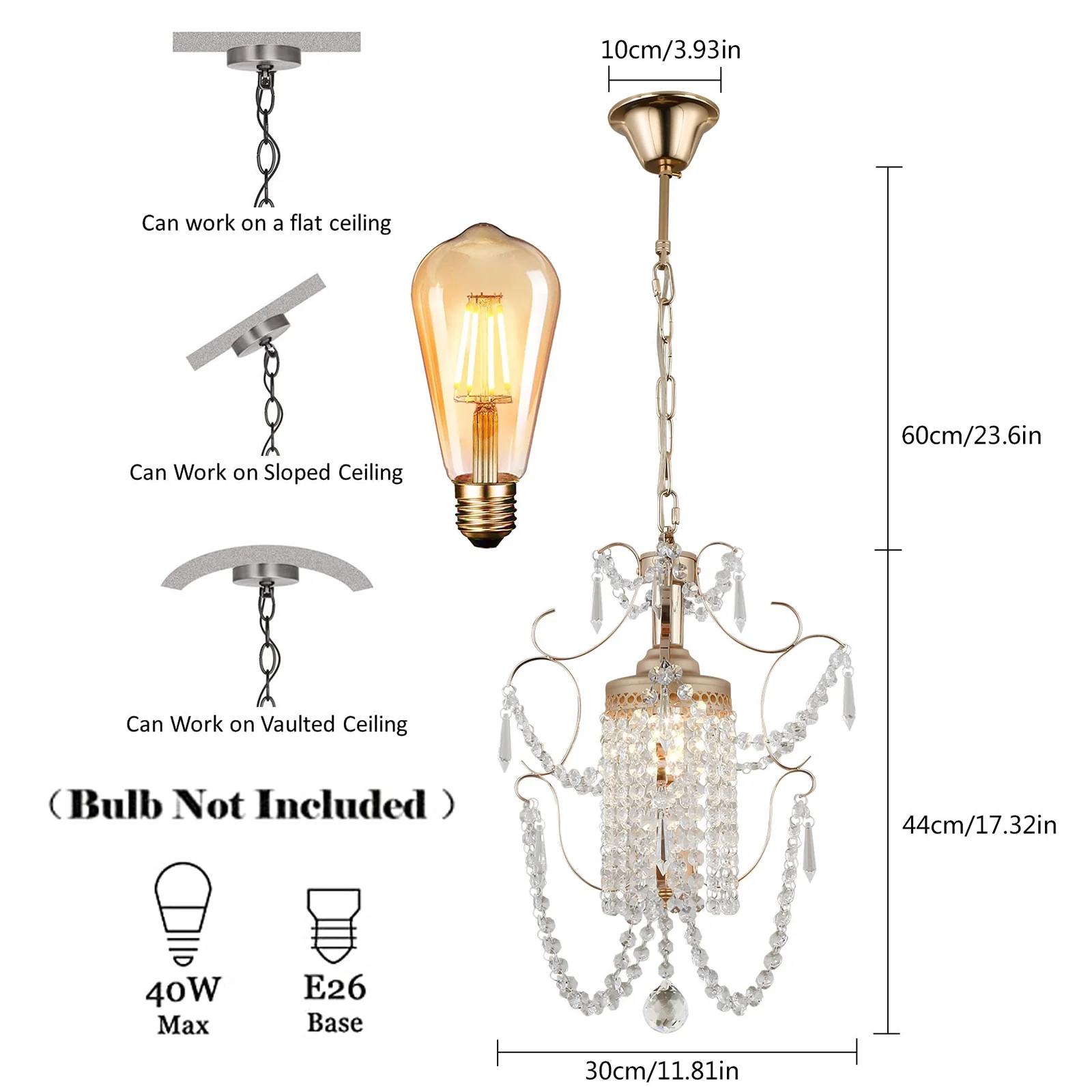 Loyalheartdy Crystal Chandelier, 1-Light Modern Elegant Metal Crystal  Ceiling Light Fixture Adjustable Height Hanging Lamp
