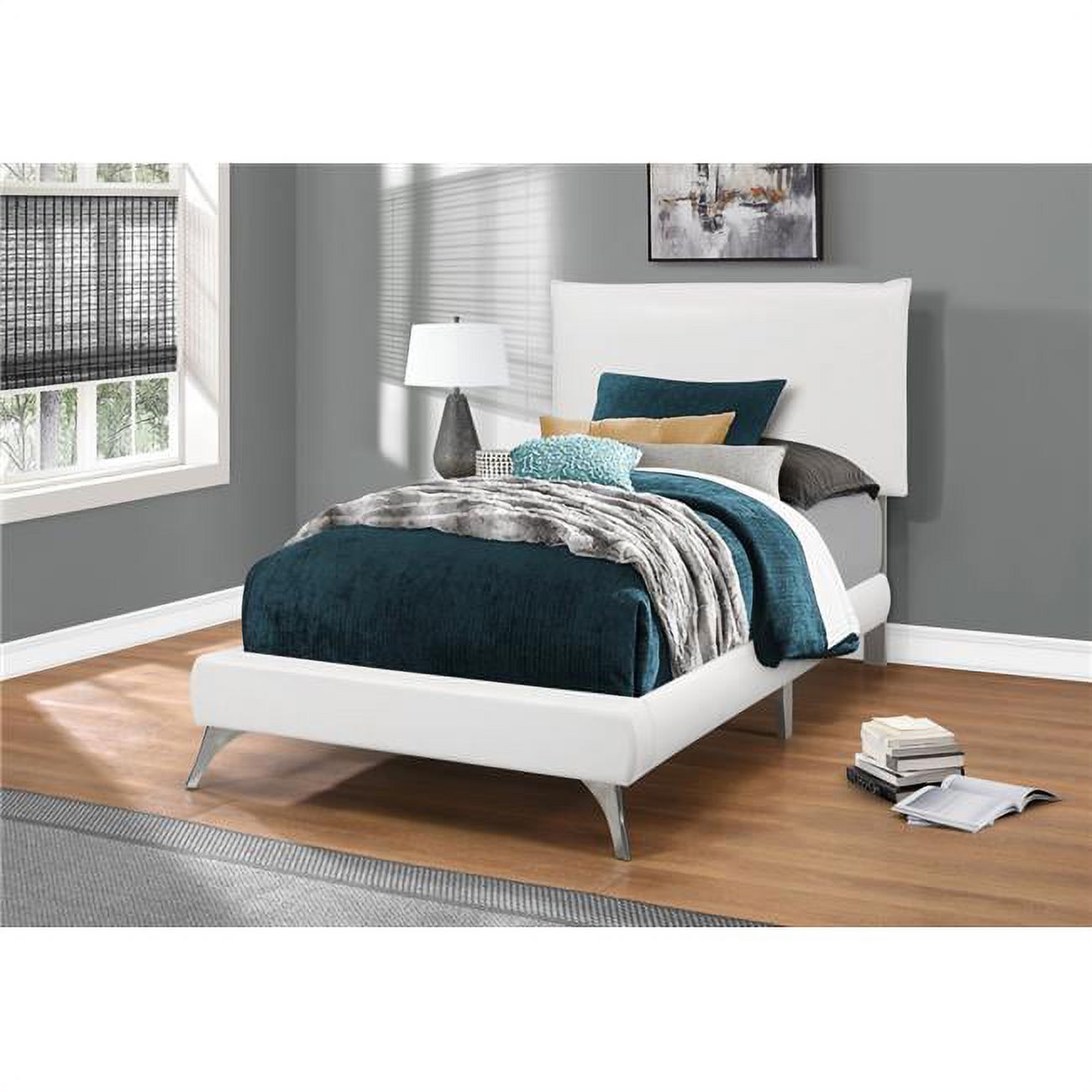 White Leather-Look Bed with Chrome Legs - Twin Size