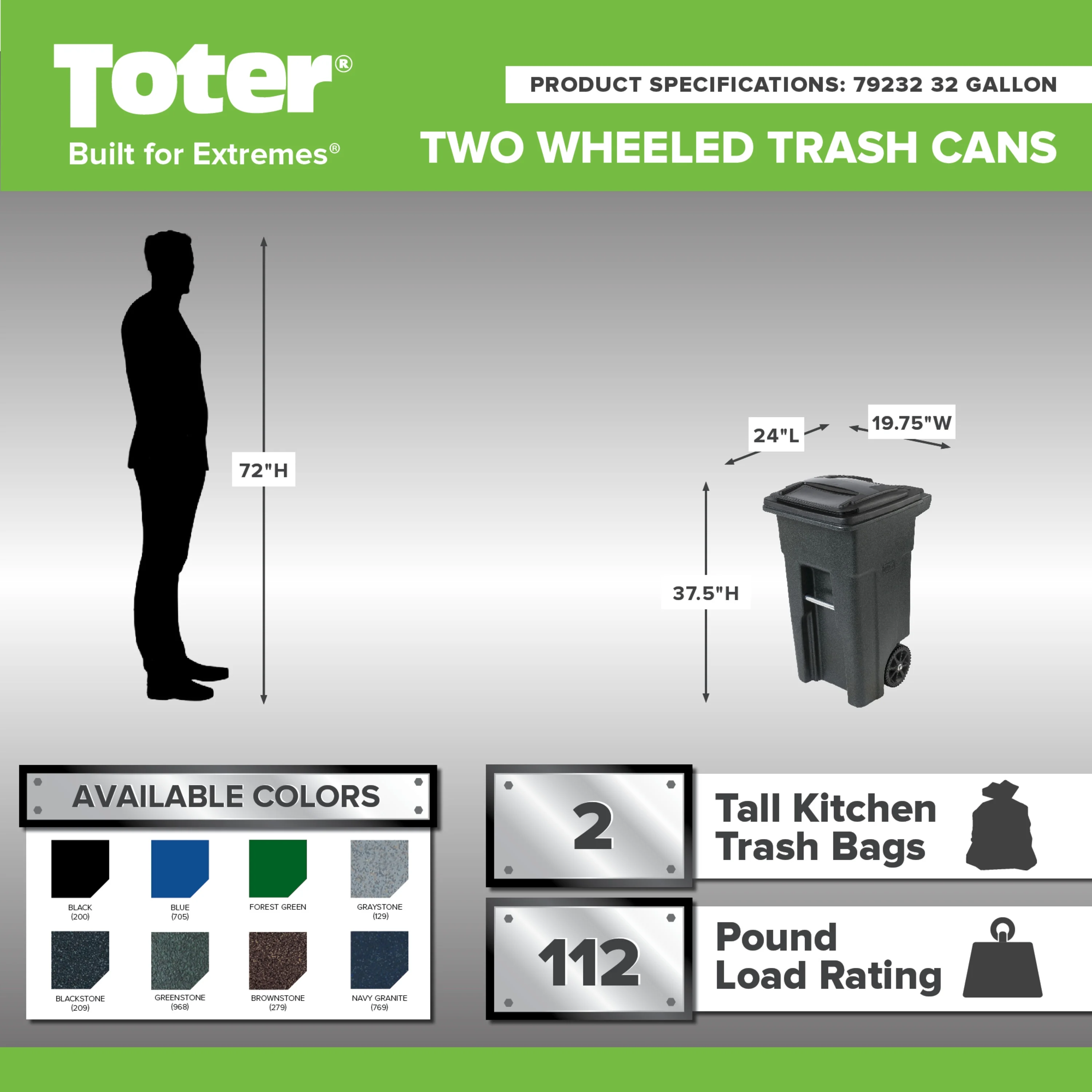 Toter 32 Gal. Trash Can Greenstone with Wheels and Lid