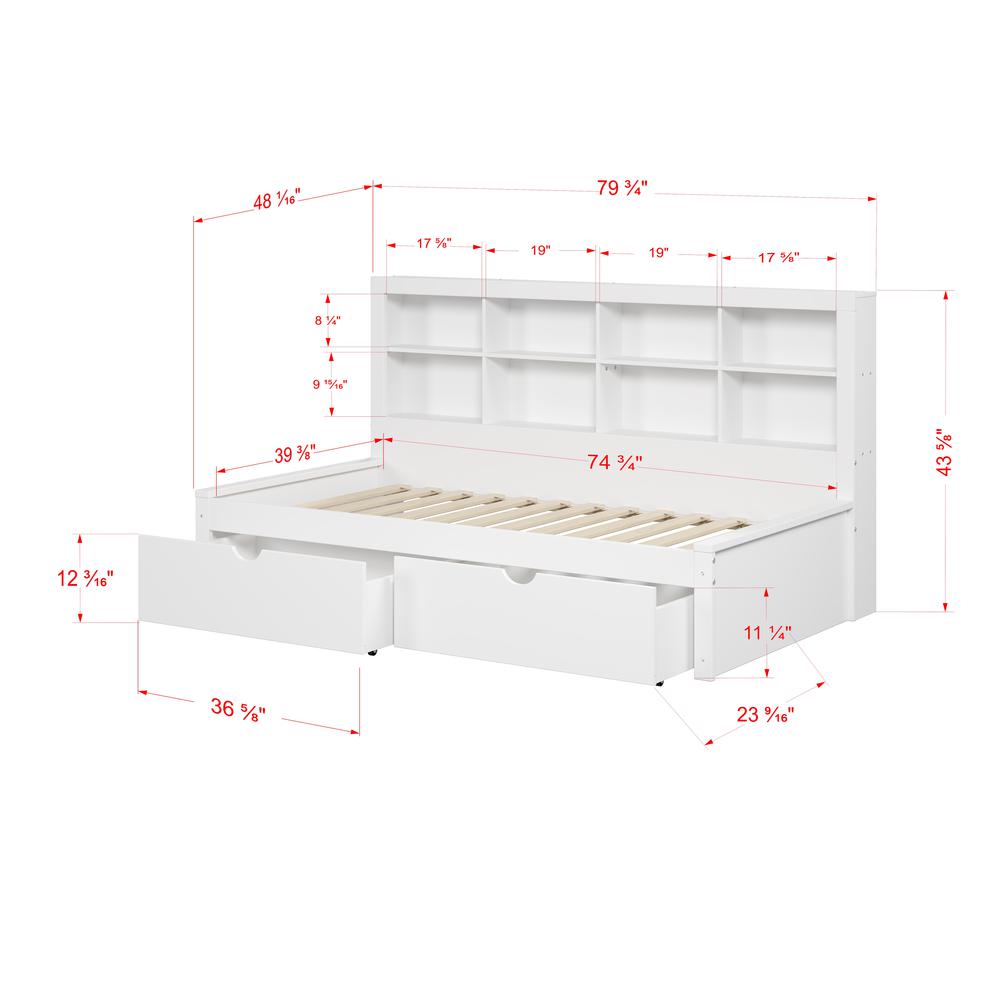Twin Bookcase Day Bed in White w/ Dual Under Bed Drawers