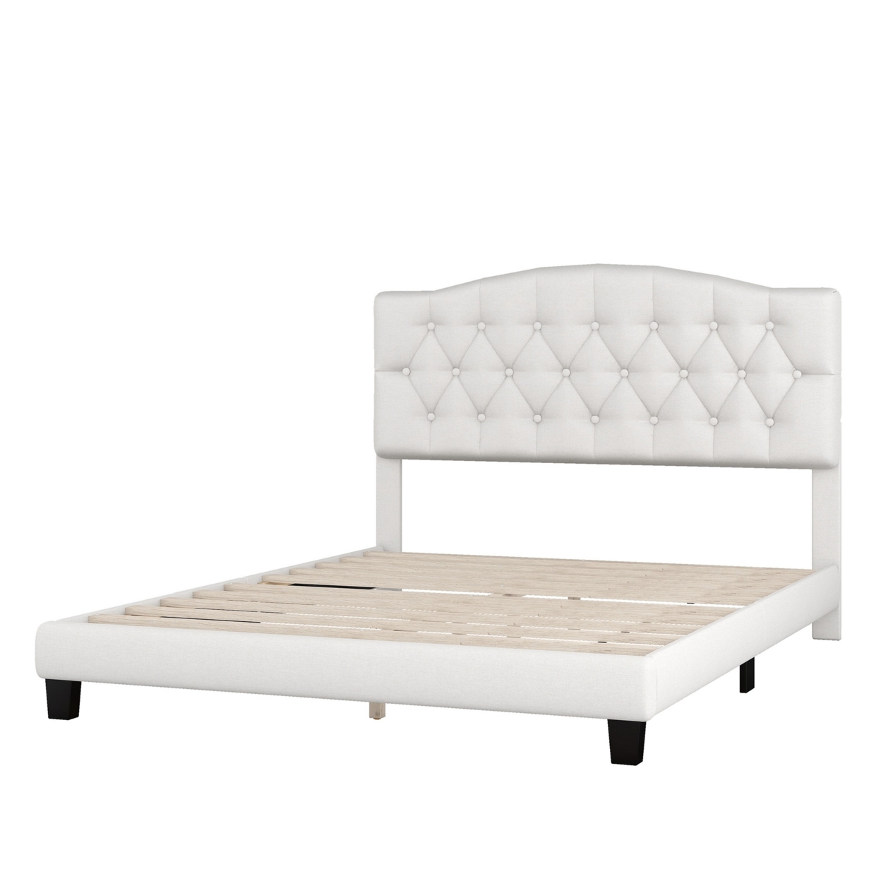 Cody Queen Size Platform Bed with Diamond Button Tufted Headboard, Beige- Saltoro Sherpi