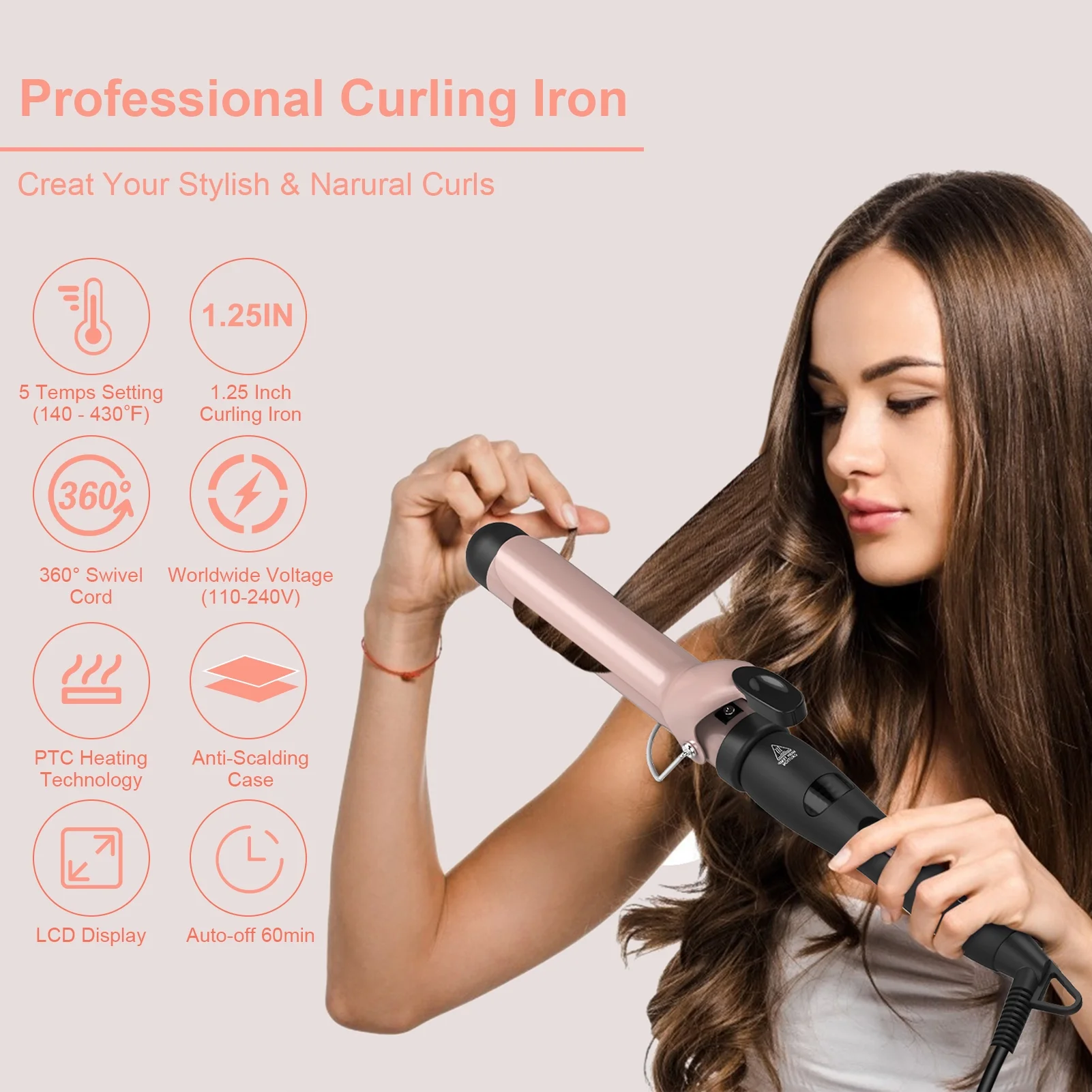 Pretfy Curling Iron, 1.25 Inch Professional Hair Culer with Tourmaline Ceramic Coating 140-430℉ for All Types Hair, Rose Gold