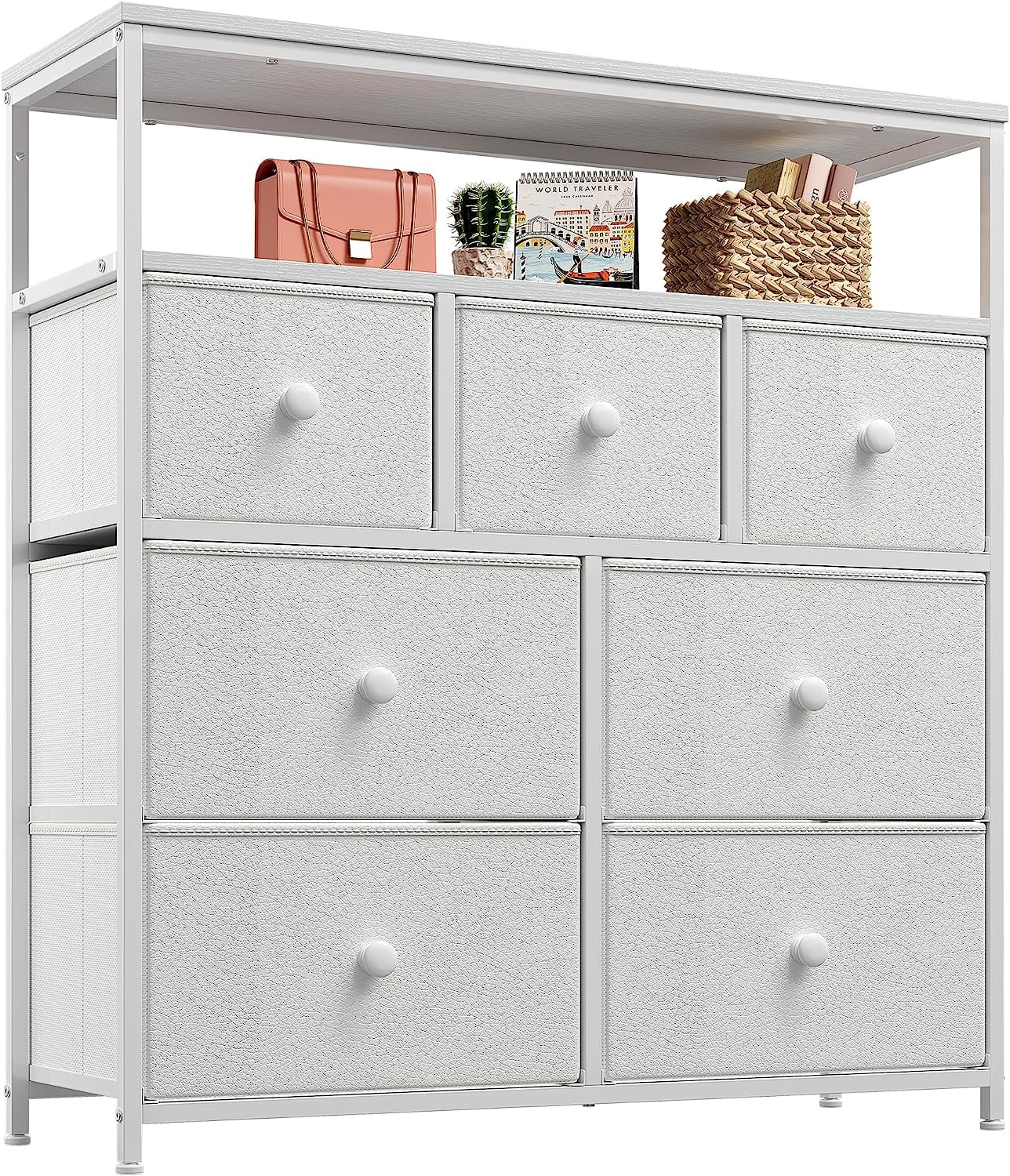 White Dresser for Bedroom with 7 Drawers and 2 Shelves, White TV Stand Dresser with Wooden Top and Metal Frame, Tall Dressers & Chest of Drawers for Bedroom, Nursery, Closets, White
