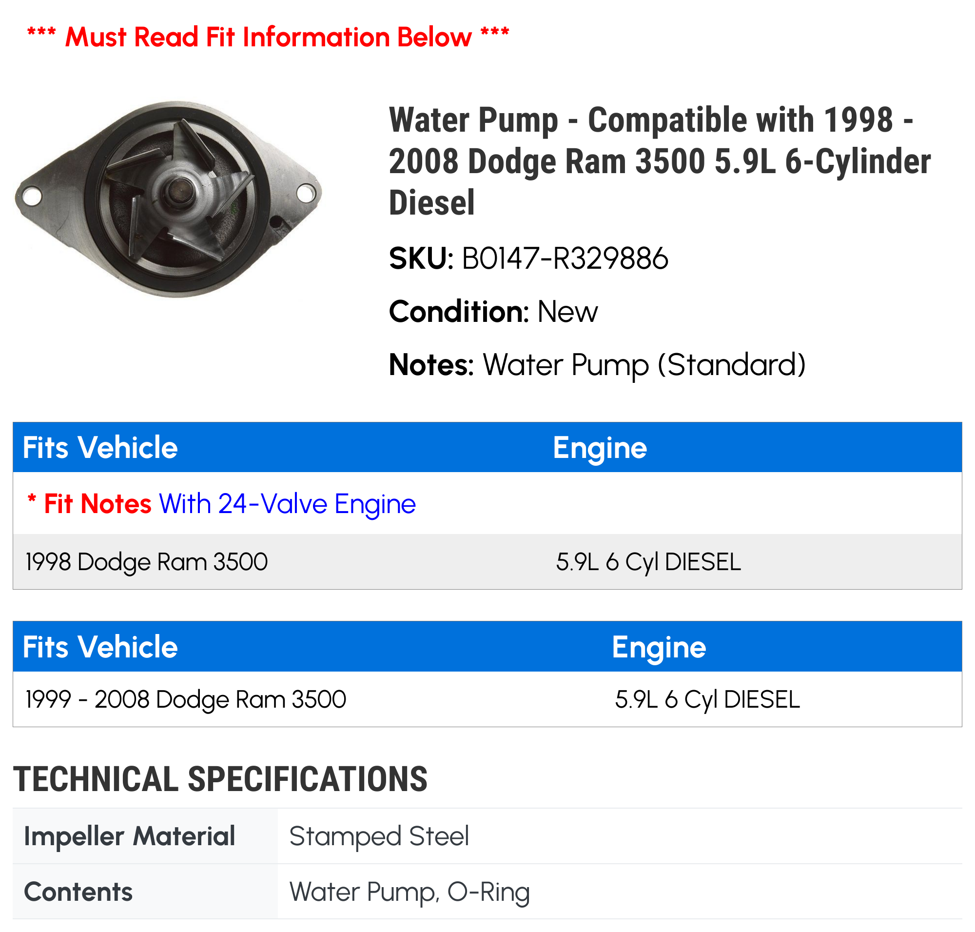 Water Pump - Compatible with 1998 - 2008 Dodge Ram 3500 5.9L 6-Cylinder Diesel 1999 2000 2001 2002 2003 2004 2005 2006 2007