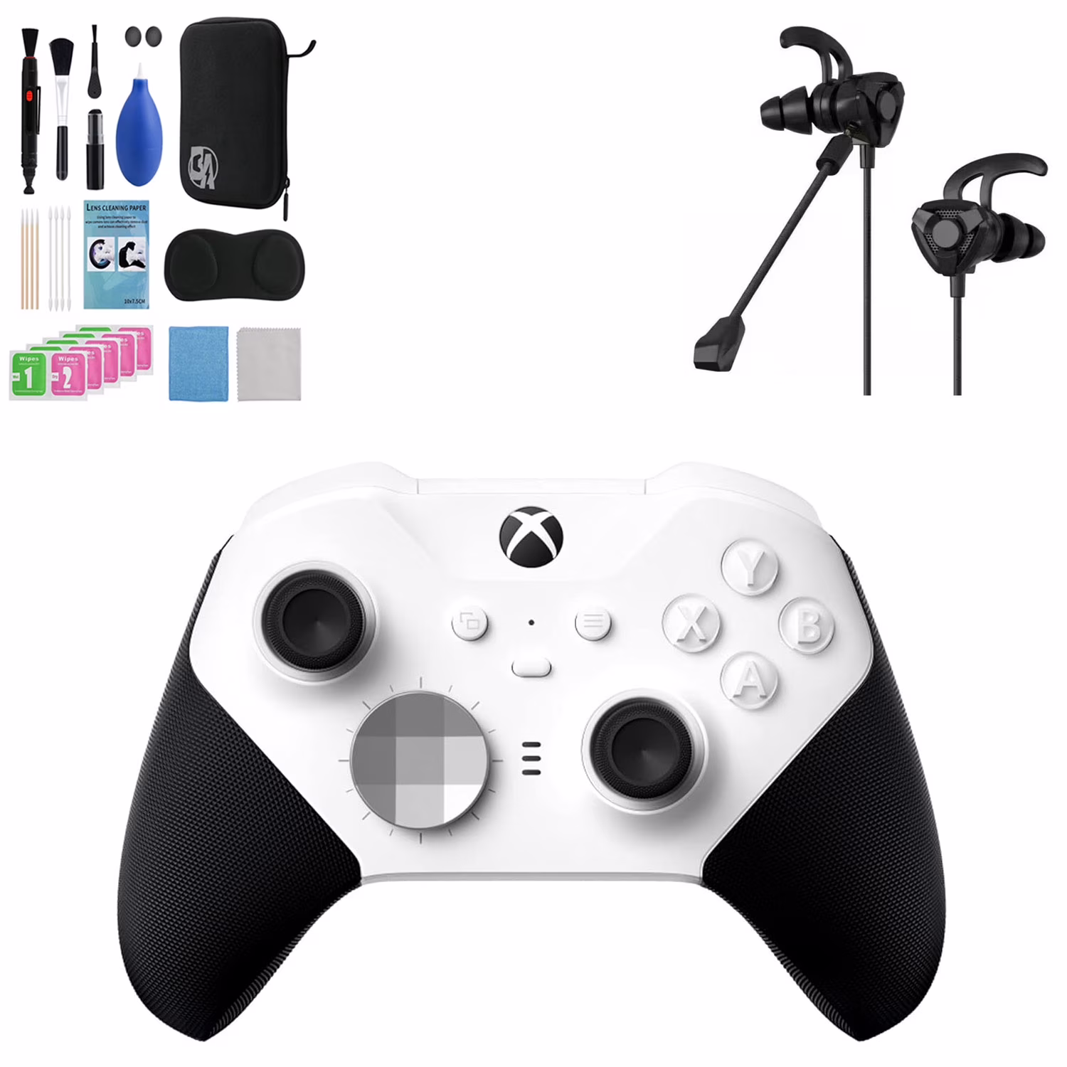 Xbox Elite Series 2 Wireless Gaming Controller White For Xbox Console With Black Gaming Buds + Cleaning Kit BOLT AXTION Bundle Like New