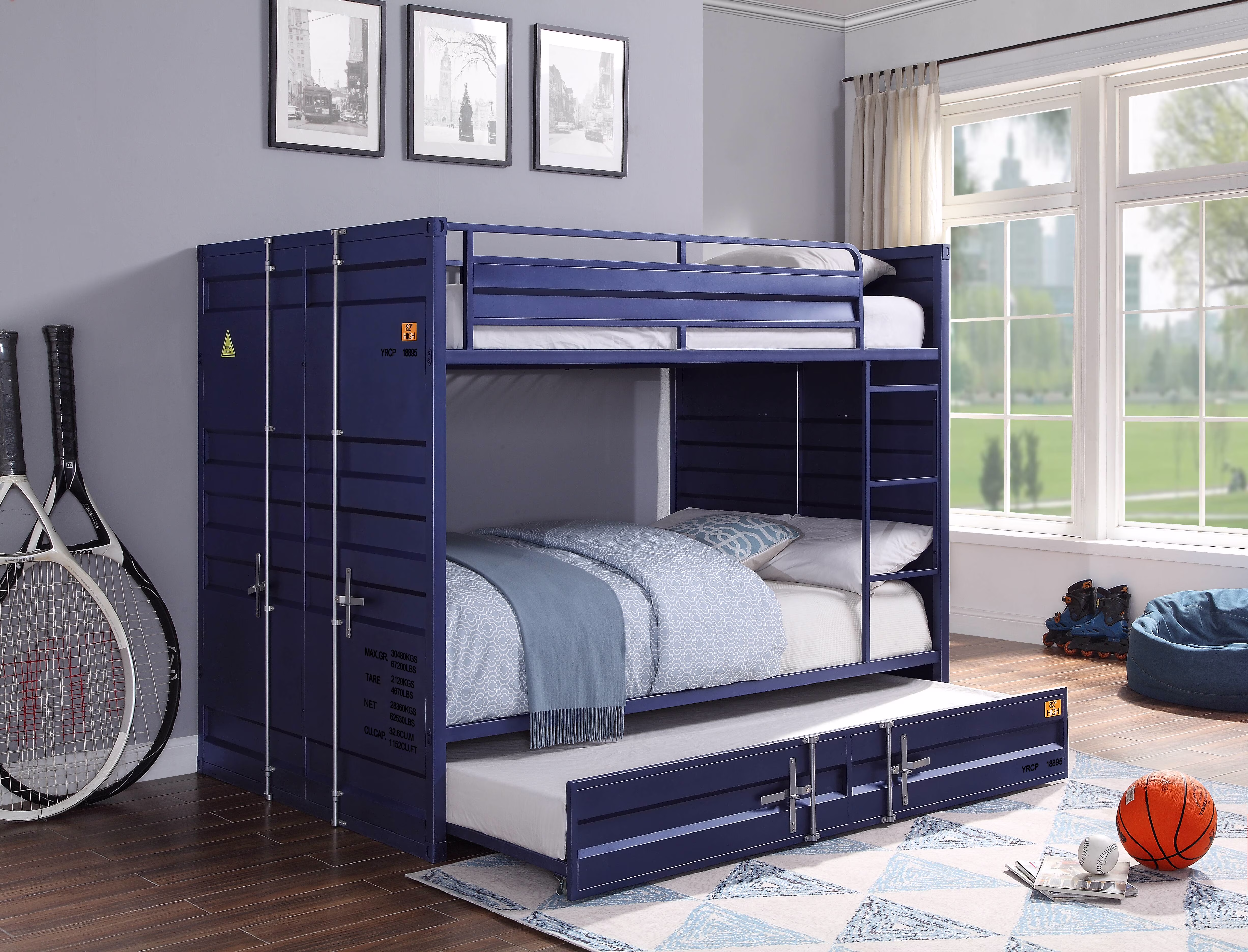 ACME Cargo Full over Full Bunk Bed with Built-In Ladder in Blue Metal