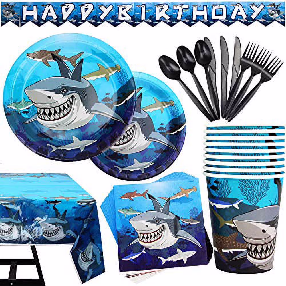 177 Piece Shark Party Supplies Set Including Banner, Plates, Cups, Napkins, Tablecloth, Spoon, Forks, and Knives, Serves 25