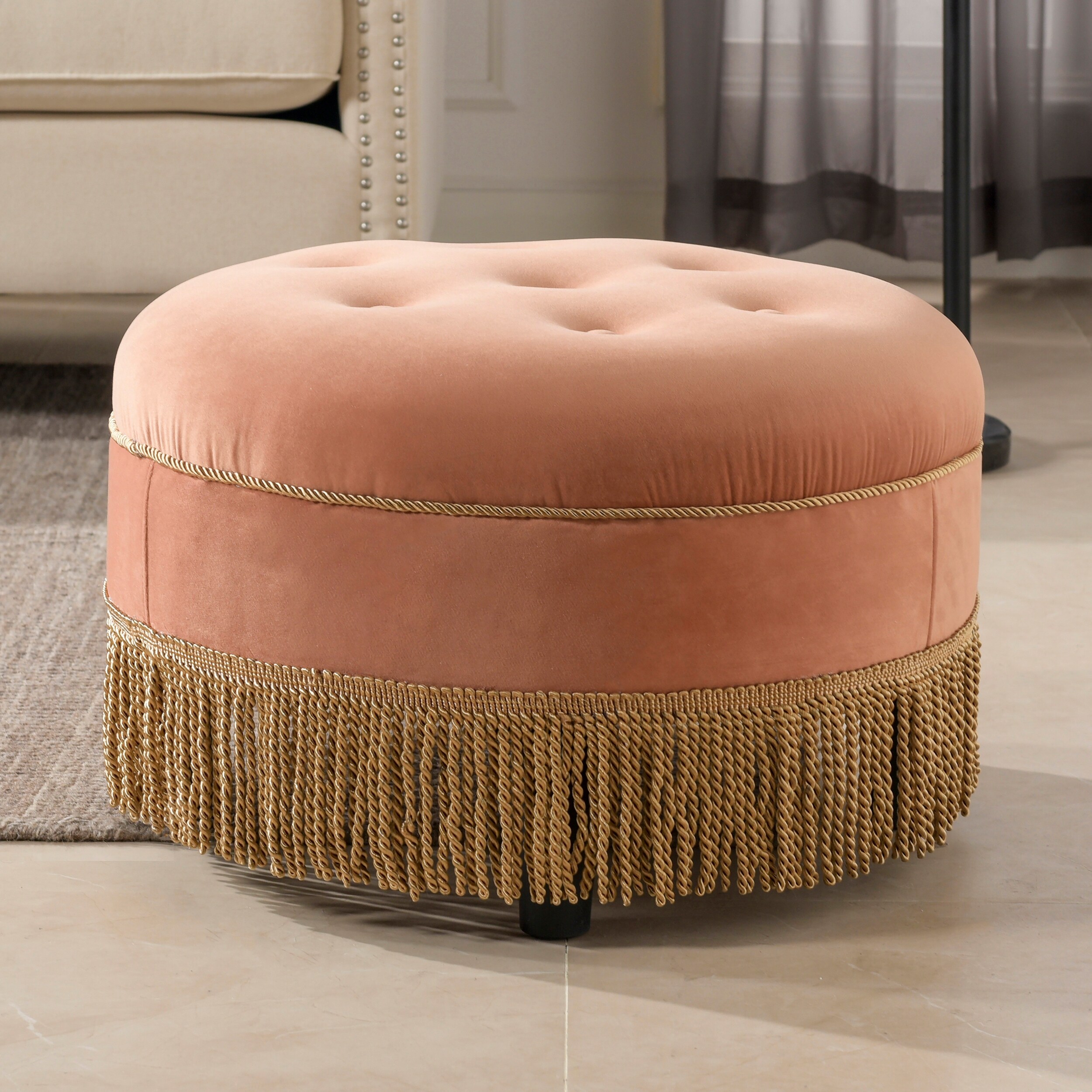 Jennifer Taylor Home Yaris Upholstered Round Accent Ottoman Gold Yellow Velvet