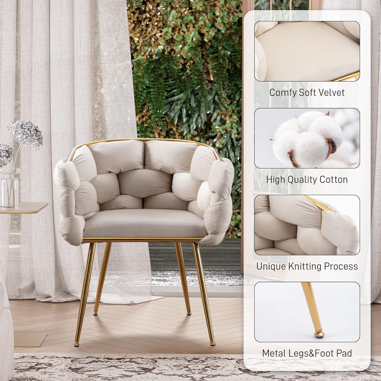 Glavbiku Luxury Modern Upholstered Velvet 1 Seat Dining Chair,Lazy Dresser Stool,Beige,Adult
