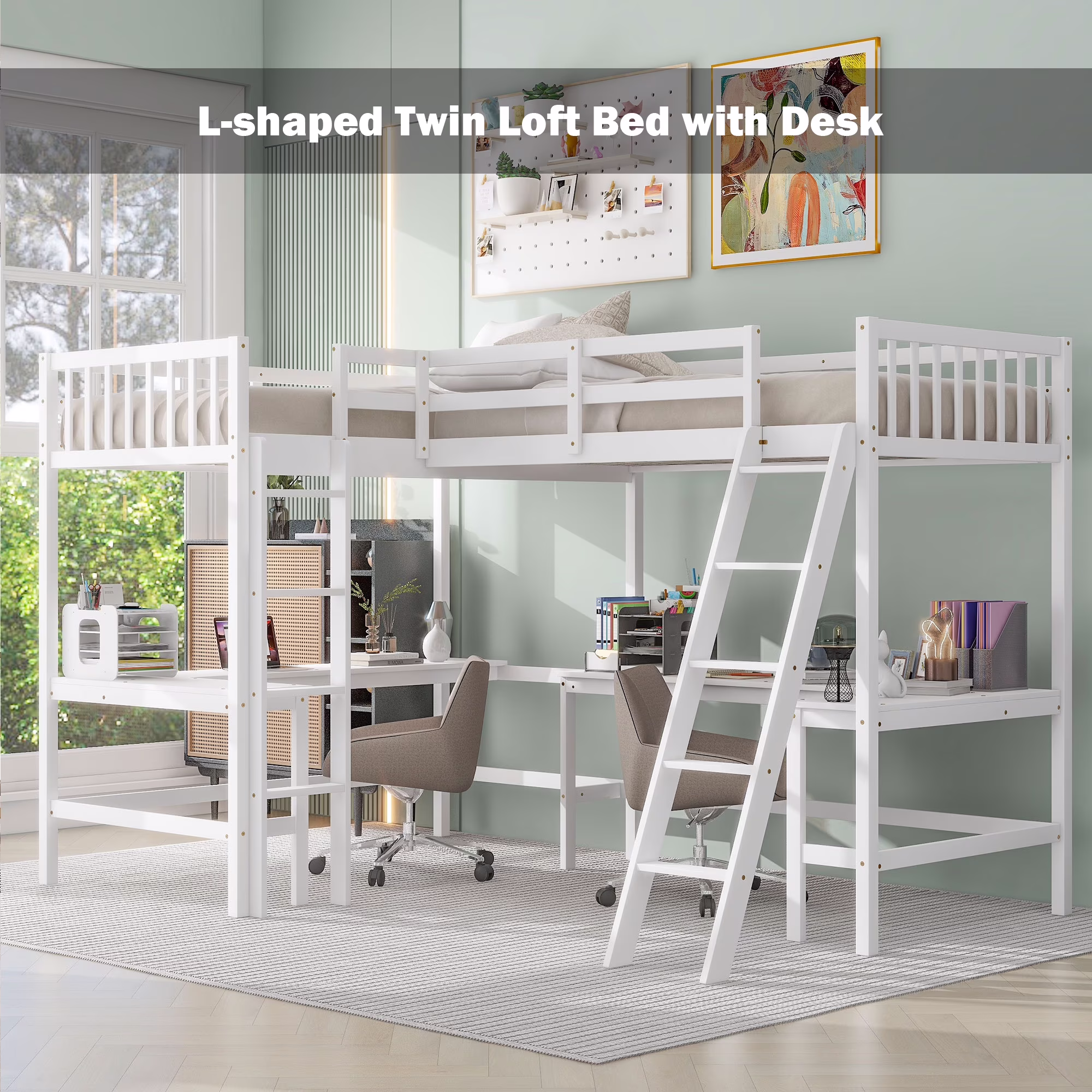 Bellemave L-Shaped Loft Bed with L-shaped Desk Twin Size Loft Bed with Desk for 2 Wood Corner Twin Beds with Ladder and Guardrails for Kids, Teens, No Box Spring Needed (White)
