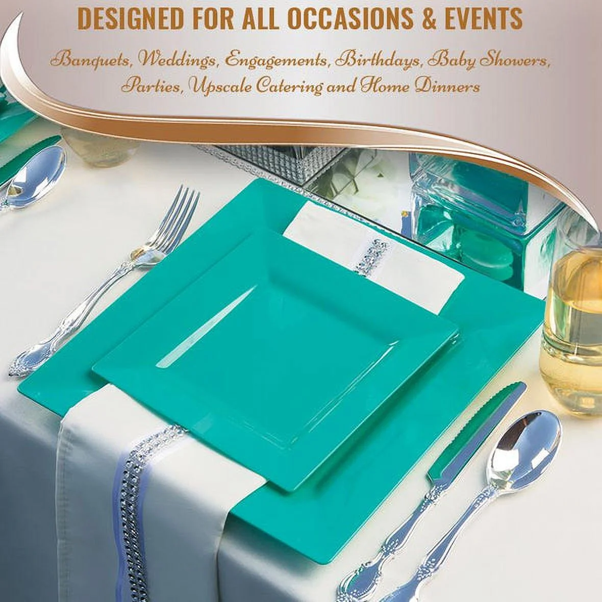 Smarty Sea Aqua Square Plastic Plates Dinnerware Value Set 240ct