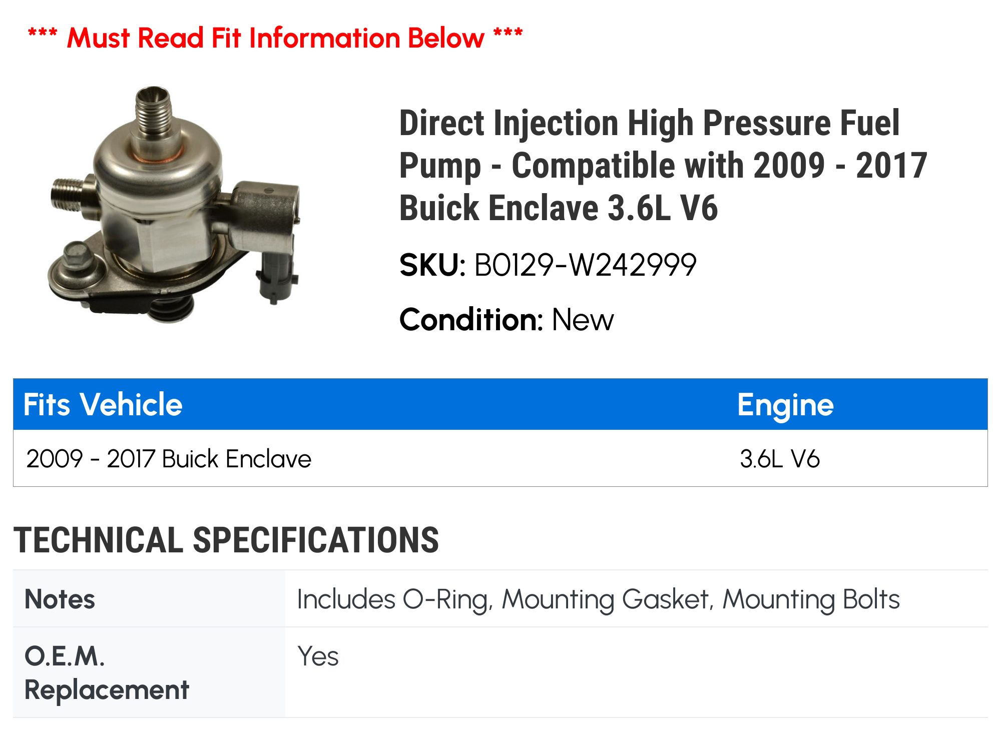 Direct Injection High Pressure Fuel Pump - Compatible with 2009 - 2017 Buick Enclave 3.6L V6 2010 2011 2012 2013 2014 2015 2016