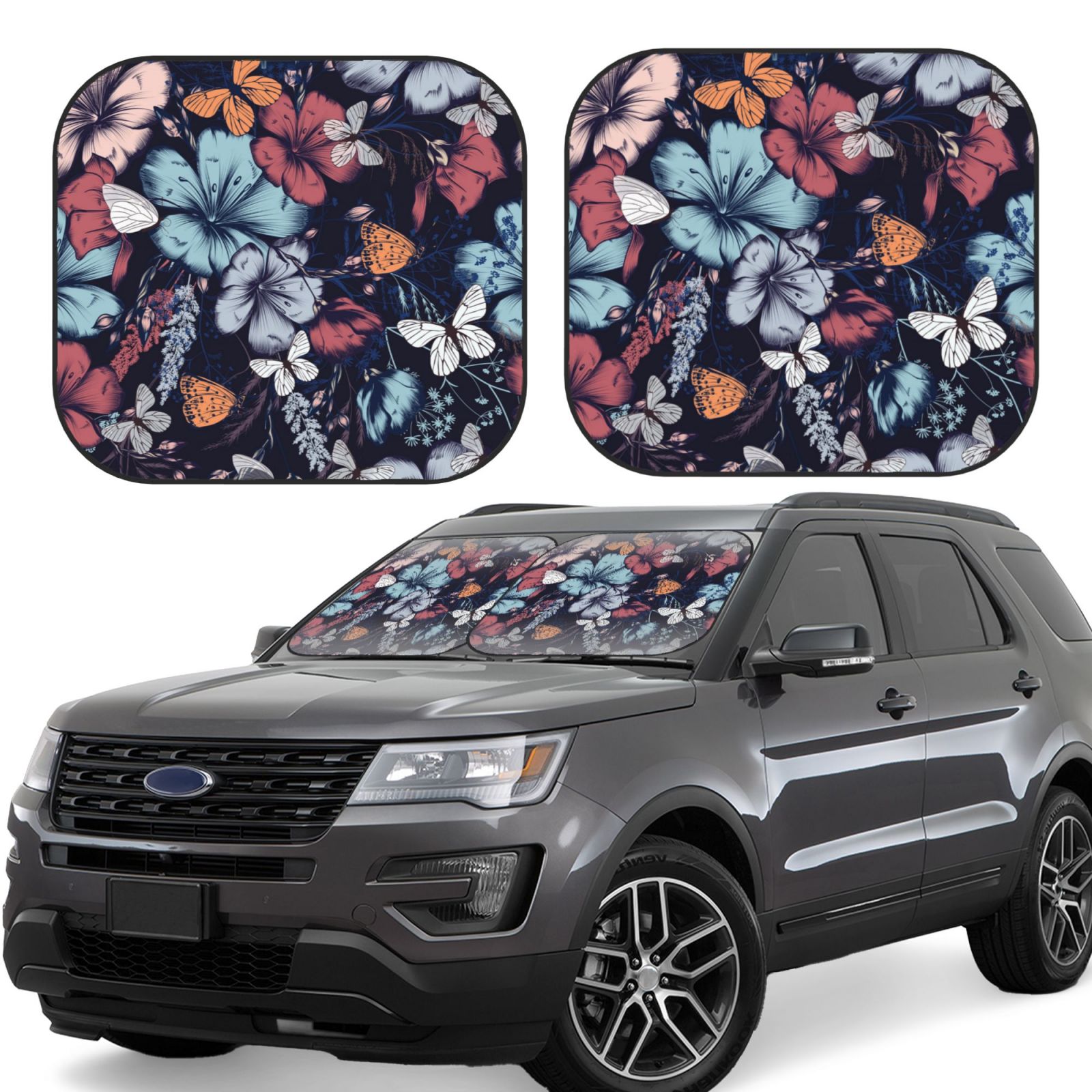 Lukts Flowers Ad Butterflies Print 2 Piece Car Sun Shade Windshield,Foldable Car Shade Front Windshield With Keeps Your Vehicle Cool, For Most Sedans Suv And Trucks - Small