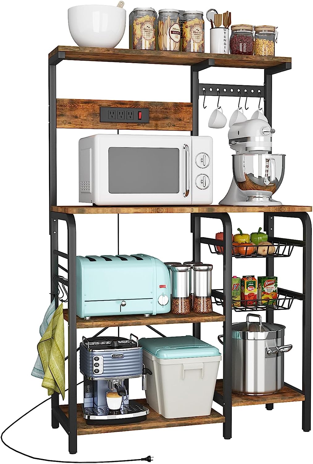 DIQIN Kitchen with Power Outlet, s for Kitchen with Storage, Microwave Stand with Storage, Kitchen Rack and Shelves with 2 Wire Baskets, 10 S-Hooks, Kitchen Storage Shelves