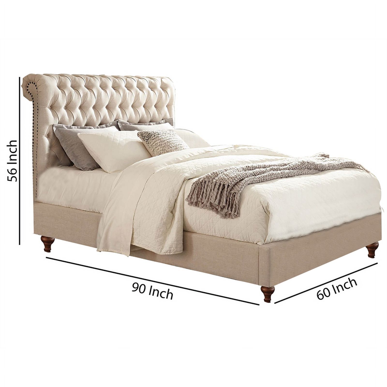 Benjara BM206582 Fabric Upholstered Wooden Full Bed with Button Tufted Headboard, Beige