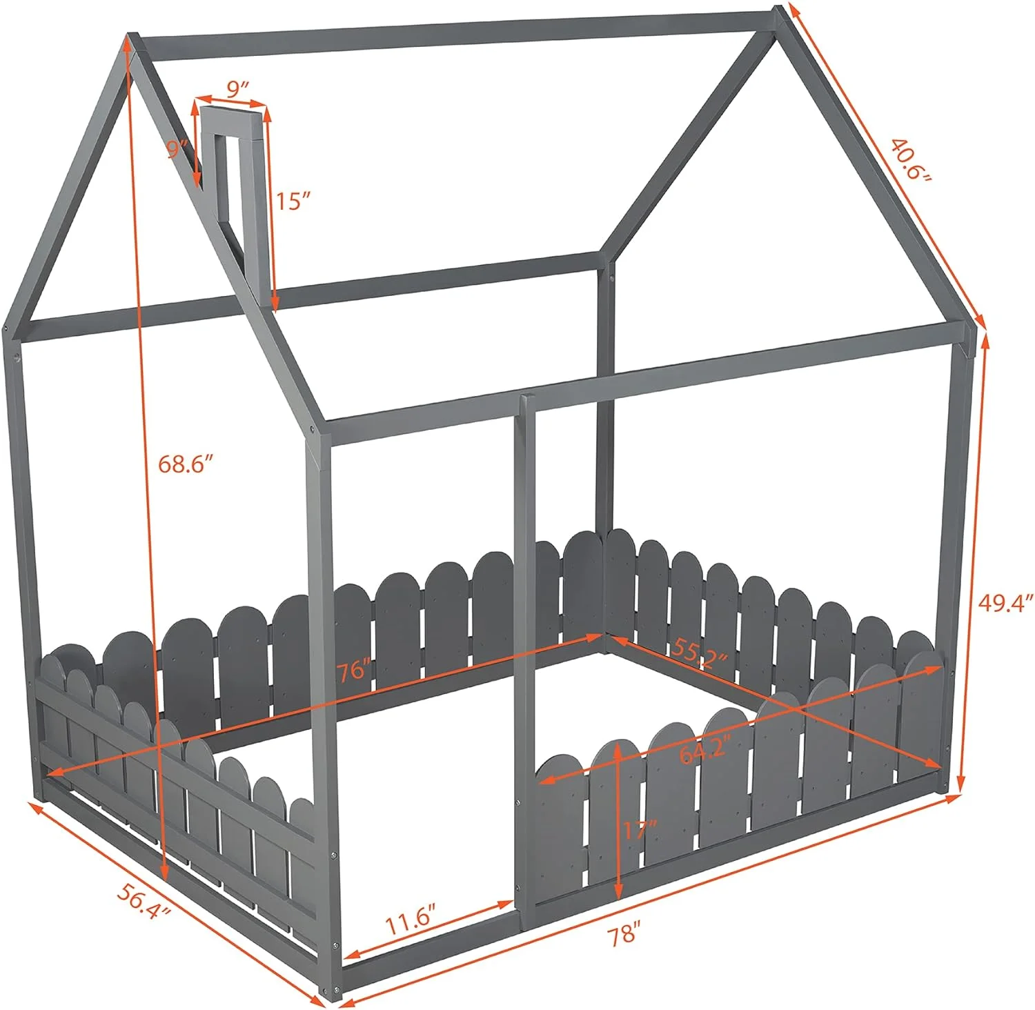 Full Size Bed House Bed, Motessori Beds Frame With Fece, Kids Wood Floor Cottage Beds, Playhouse Bed Frame For Girls Boys Tees, Box Sprig eeded, Grey