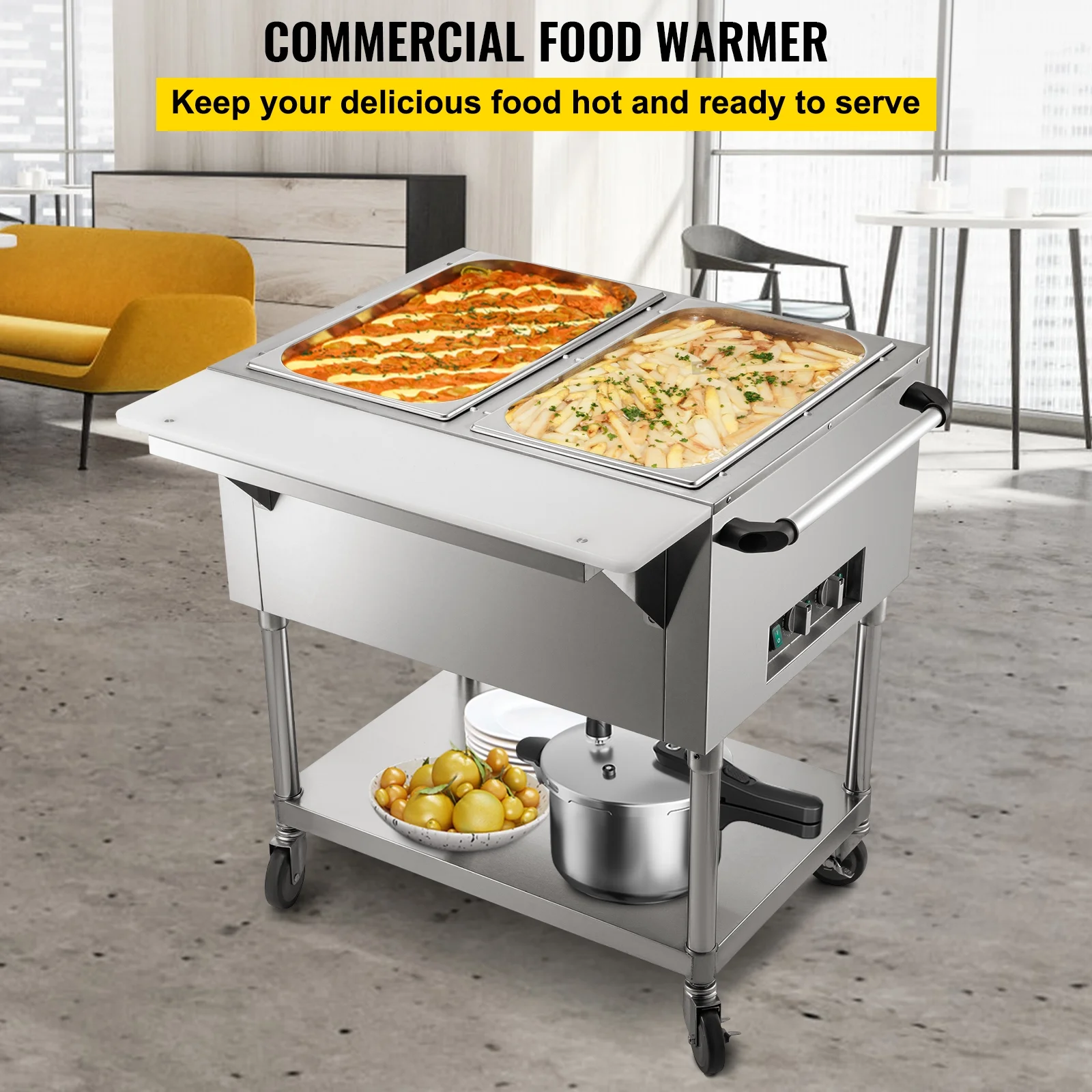 VEVOR Commercial Electric Food Warmer, 2-Pot Steam Table Food Warmer 0-100℃ with 4 Lockable Wheels, Professional Stainless Steel Material with ETL Certification for Catering and Restaurants