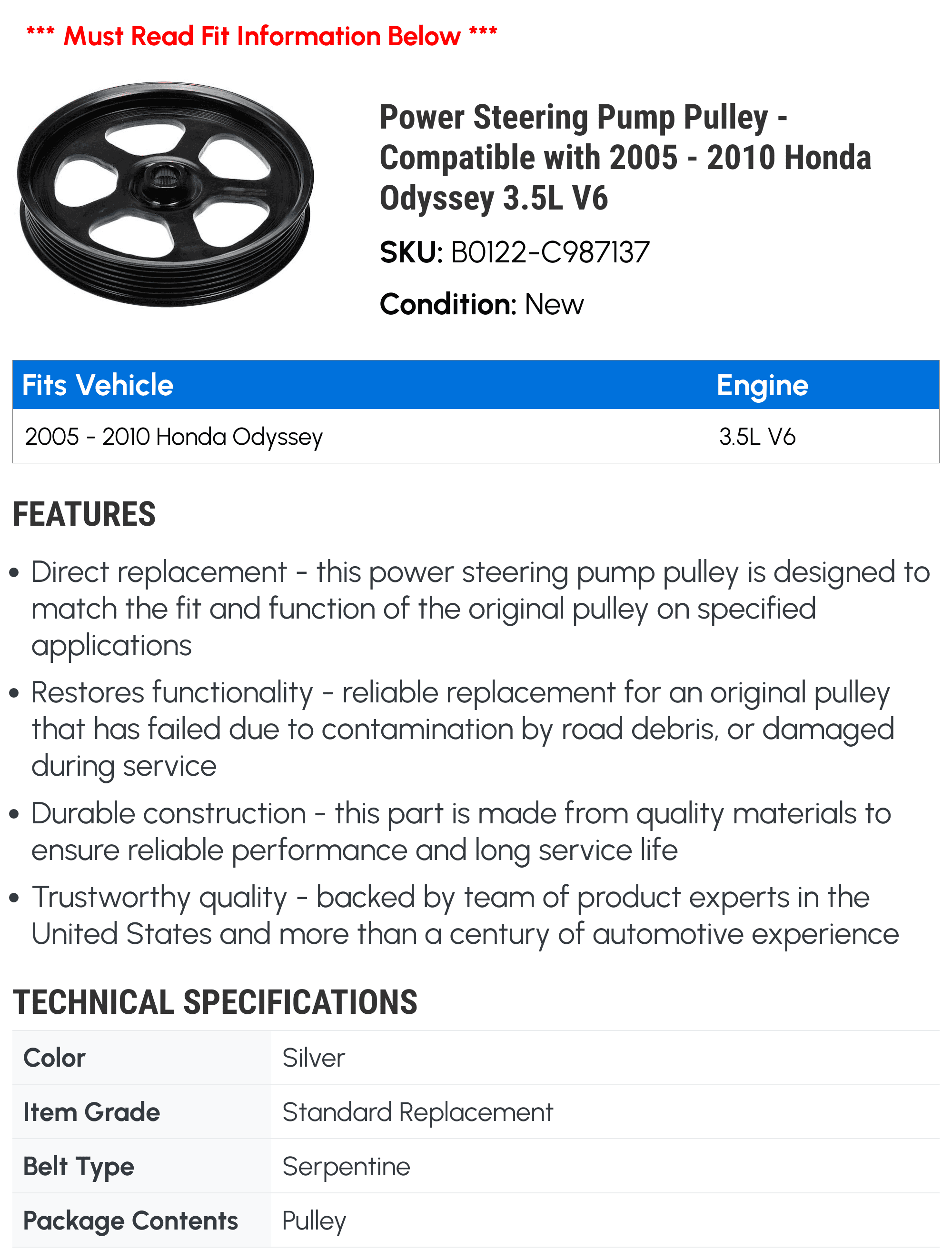 Power Steering Pump Pulley - Compatible with 2005 - 2010 Honda Odyssey 3.5L V6 2006 2007 2008 2009