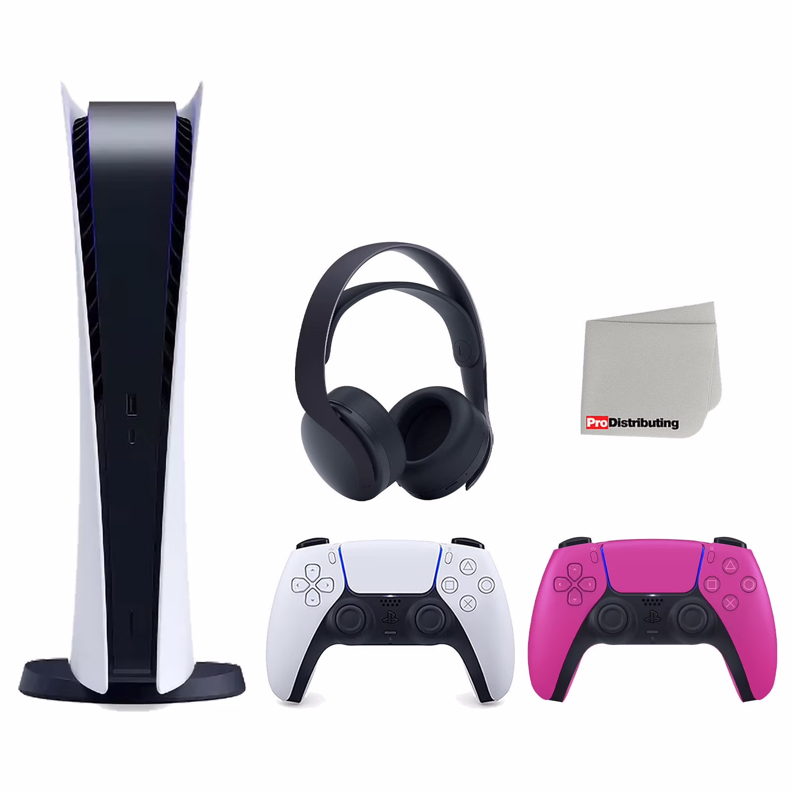 Sony Playstation 5 Digital Edition Console with Extra Pink Controller and Black PULSE 3D Headset Bundle with Cleaning Cloth