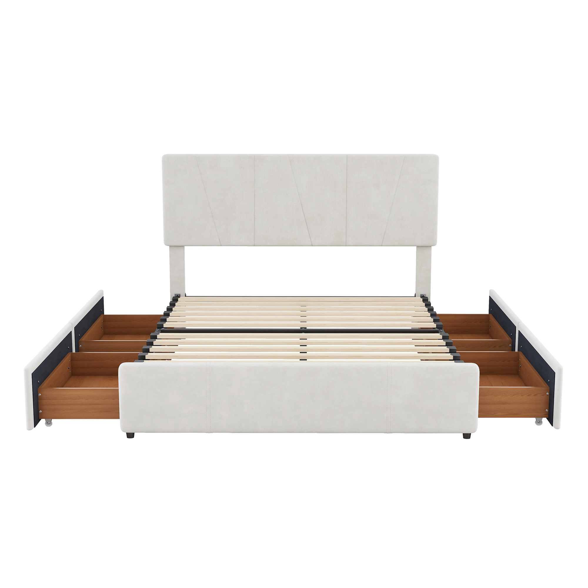 LANTRO JS Full Size Upholstery Platform Bed with Four Drawers on Two Sides, Adjustable Headboard, Beige