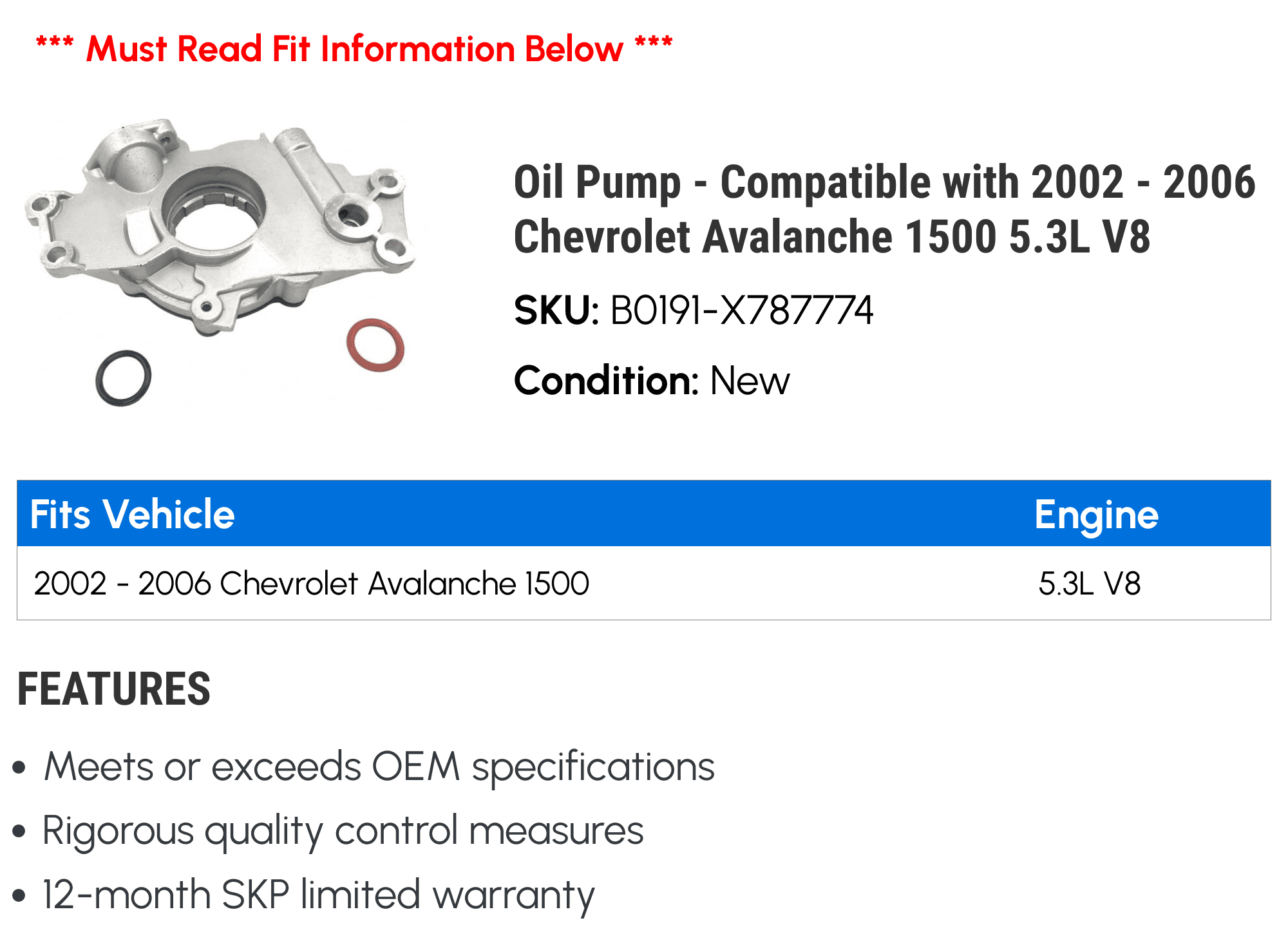 Pump - Compatible with 2002 - 2006 Chevy Avalanche 1500 5.3L V8 2003 2004 2005