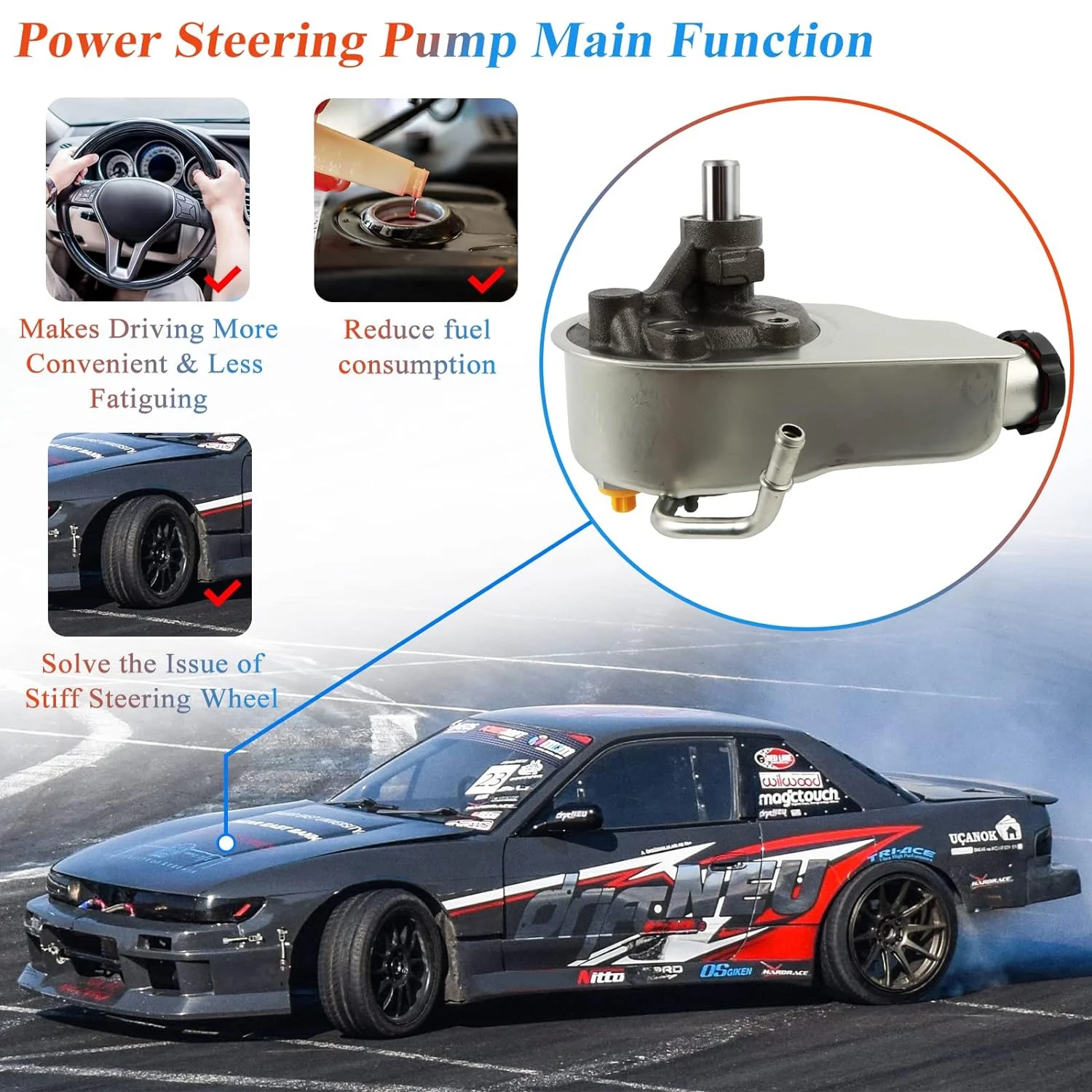 PANGOLIN Power Steering Pump with Reservoir 20-8740 Fit for 2007-2014 Avalanche Cheyenne Silverado Suburban Tahoe, 1999-2013 Sierra-1500 Yukon Yukon-XL Escalade Replace OE 15076612, 15234826, 15909824