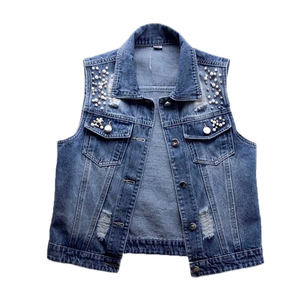 YM YOUMU Womens Beading Pearls Sleeveless Denim Vest Jean Jacket Coat