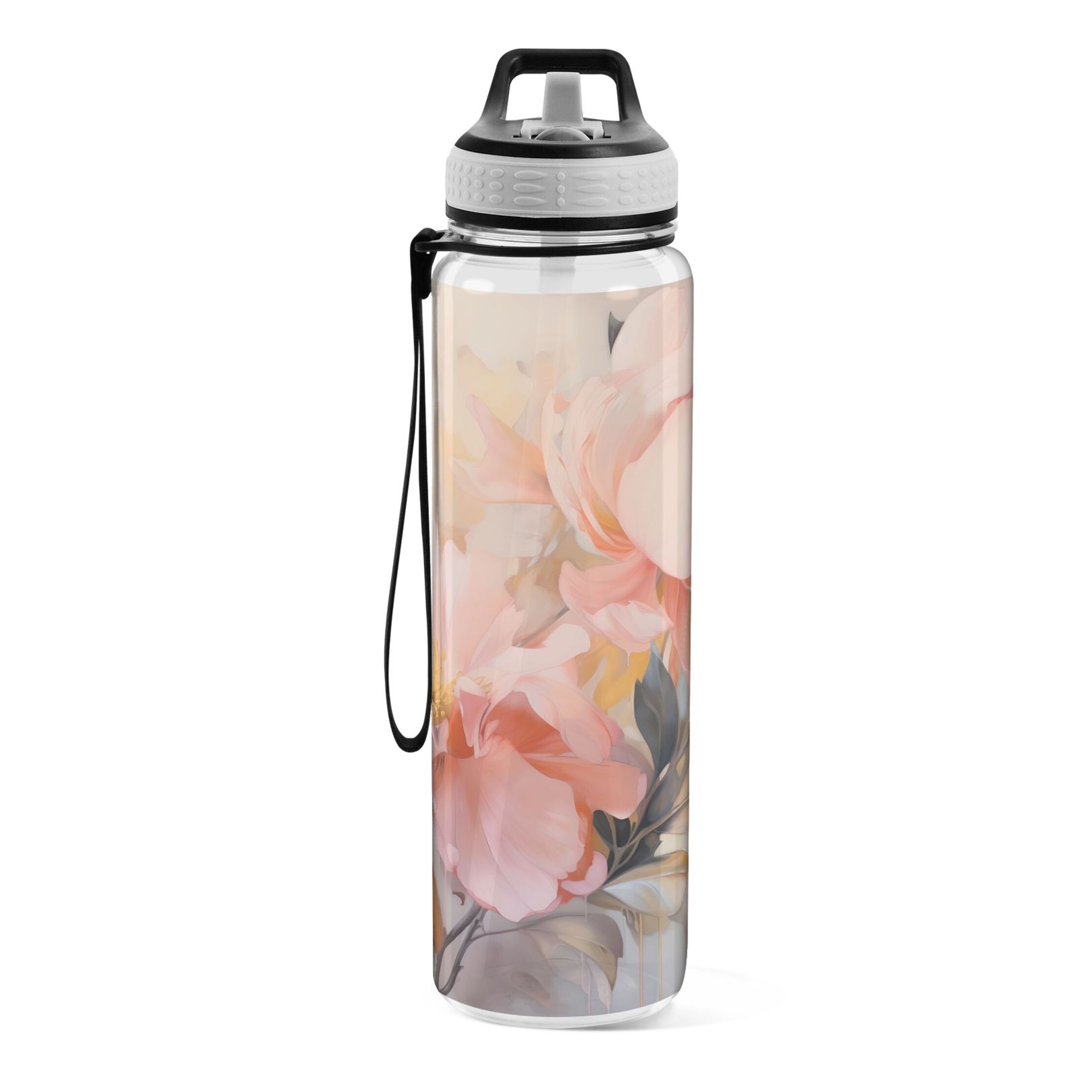 Pink Flowers 32oz Water Bottles with Straw Tritan Leakproof Sports Bottle BPA Free Clear for Fitness Gym Swimming Cycling