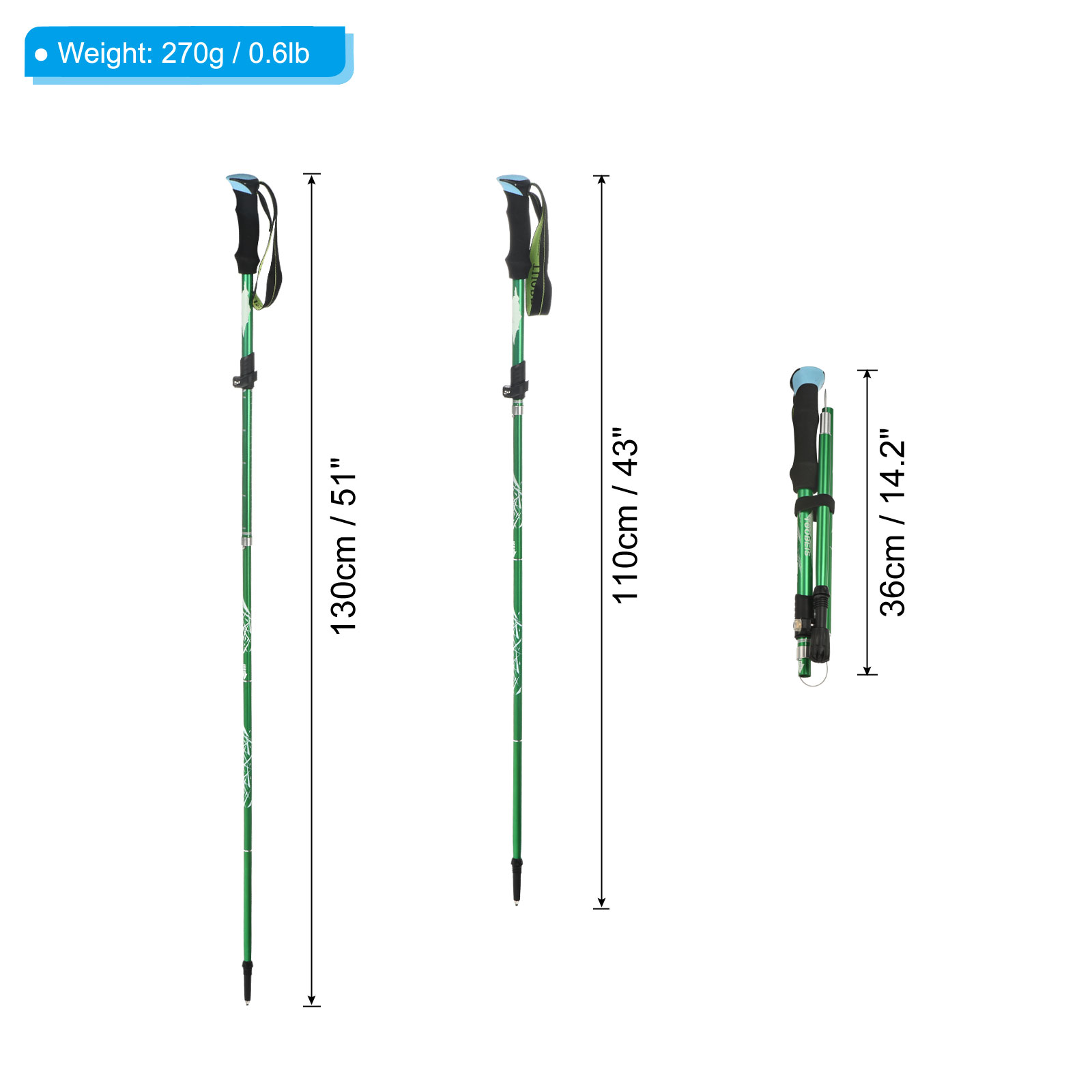 Uxcell Trekking Poles, Collapsible Hiking Pole 51 Inch Aluminum Alloy, Green