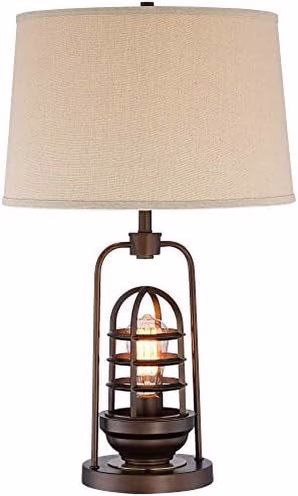 SPBOOMlife Iron Works Hobie Industrial Table Lamp with Nightlight Antique LED Edison Bulb 27.5" Tall Rust Bronze Brown Cage Drum Shade Decor for Living Room Bedroom House Bedside Nigh