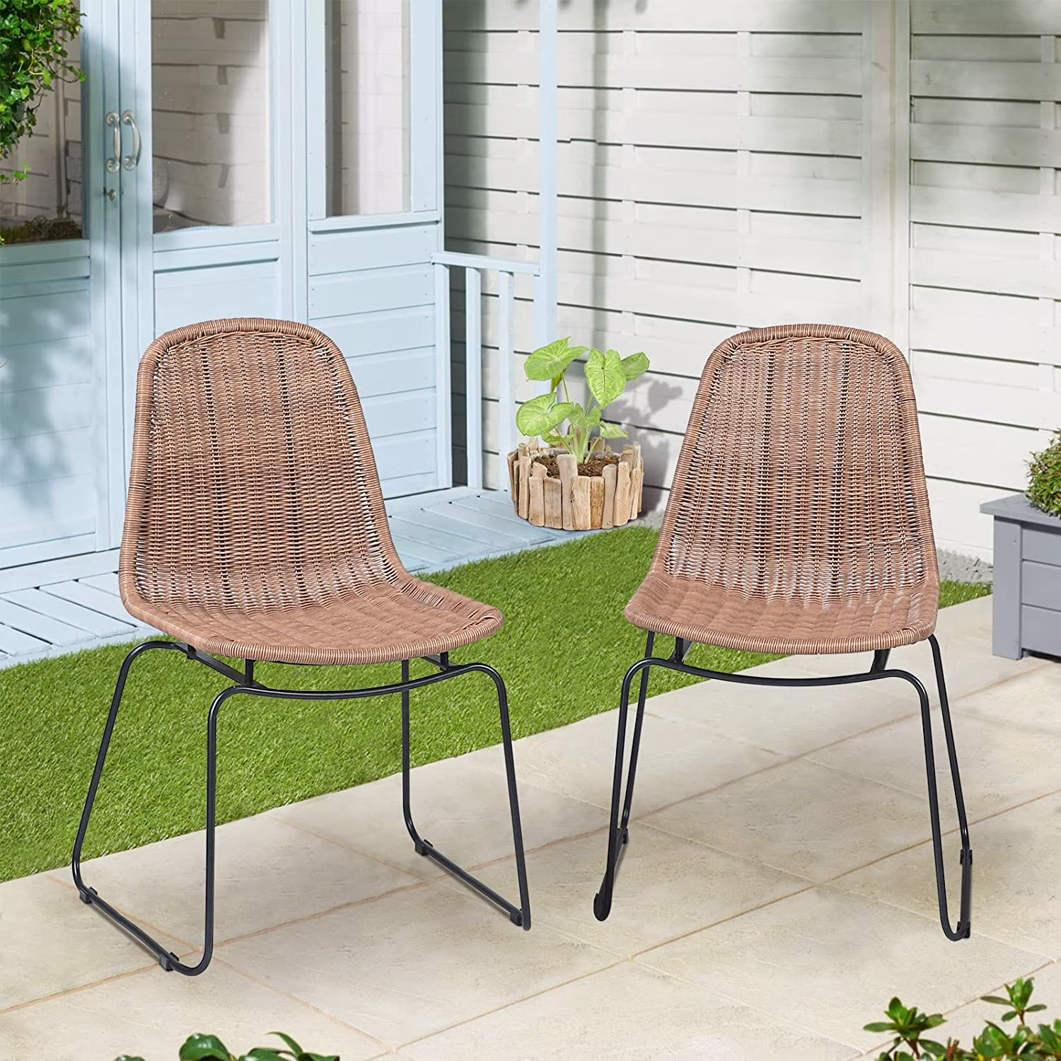 Outdoor Wicker Chairs, Patio Dining Chair, Rattan Armless Chairs with Curved Back, Indoor/Outdoor, Set of 2, Beige