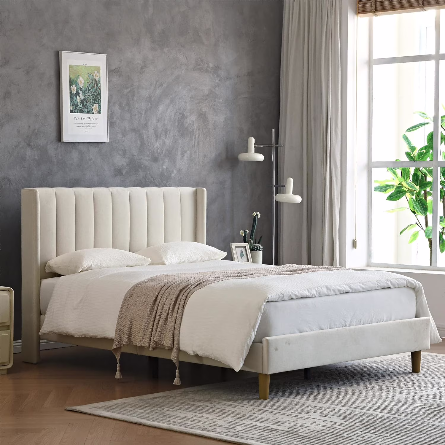 YGDU upholstered Platform Bed Frame/Twin Bed Frame/Modern Geometric Double-Wing Design headboard/Flannel and Linen Fabric/Easy to Assemble no Noise (Cream, Full)