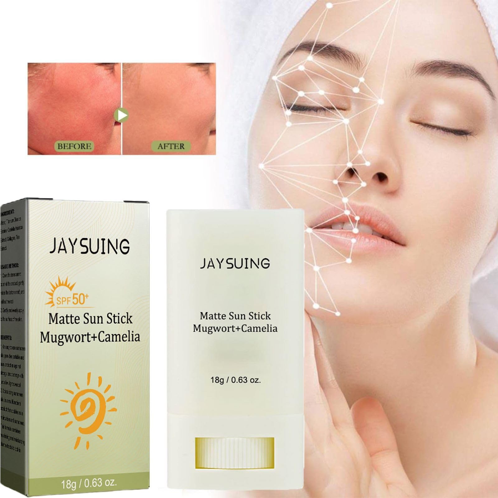 Matte Sun Stick ,Mugwort+Camelia,Relief Sun Organic Sunscreen, Refreshing, Easy to Apply Sunscreen Stick, Moisturizing Facial Sunscreen for All Skin Types SPF50+ PA++++, (18g, 0.63fl.oz)4pcs