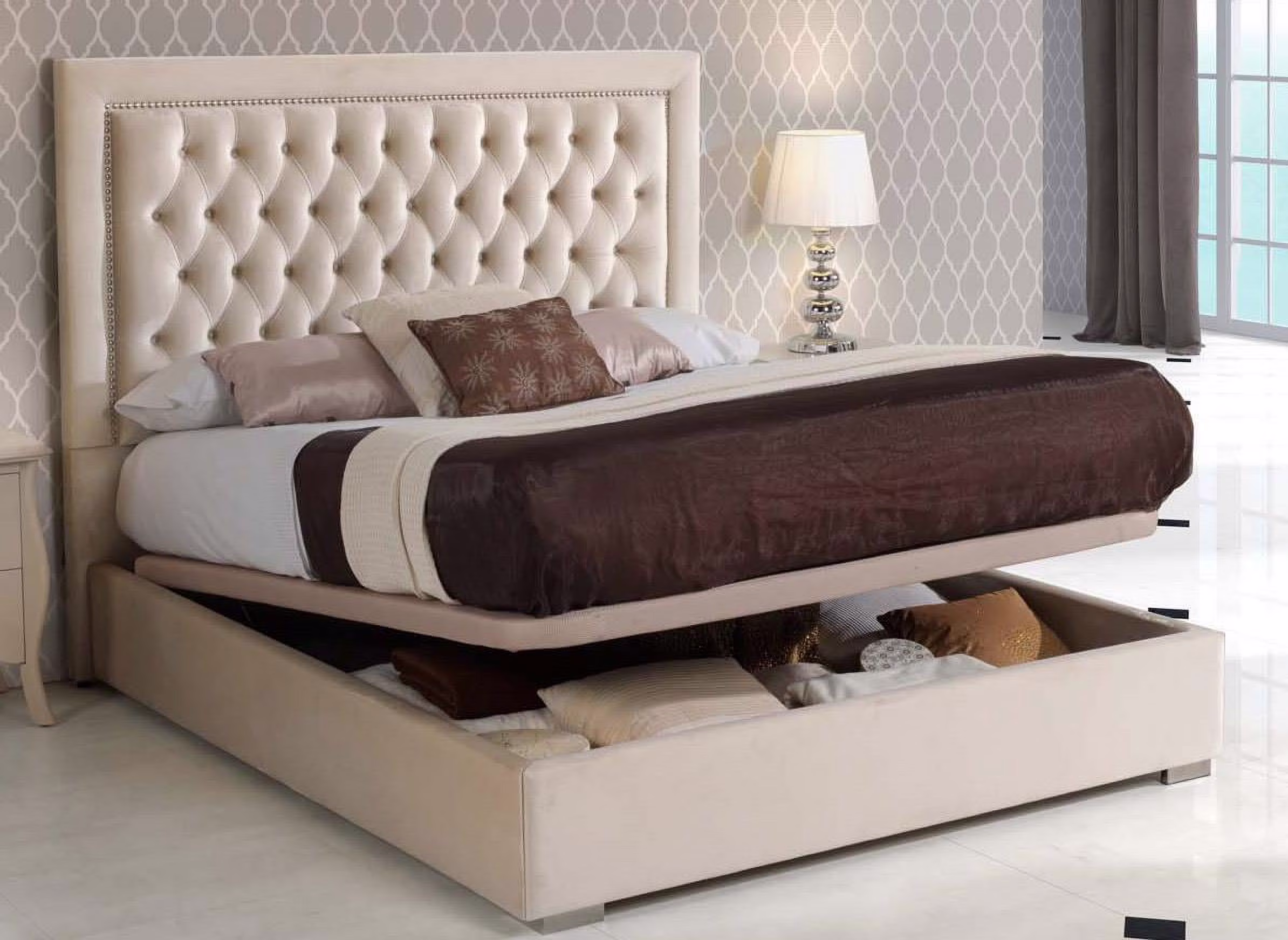 Ivory Premium Microfiber Upholstery Queen Size Bed Made in Spain ESF Adagio