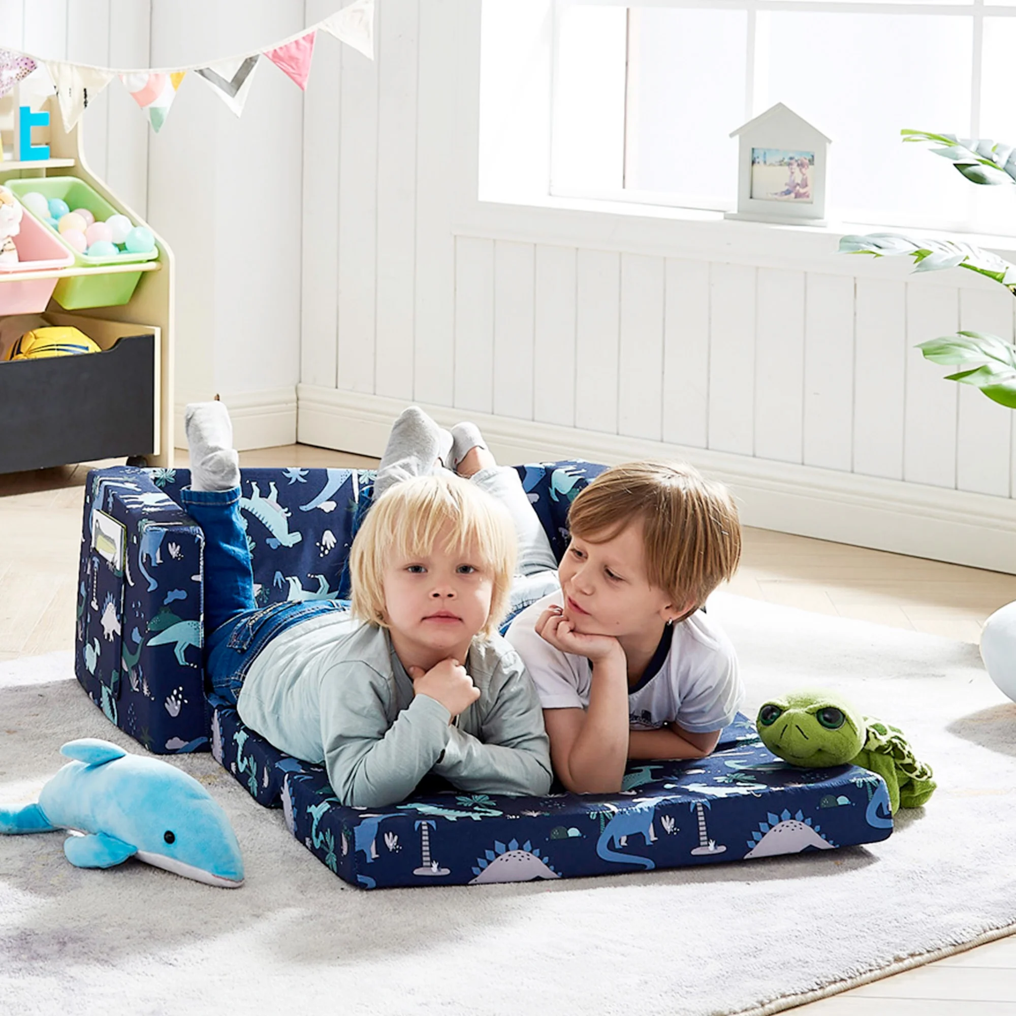 Ulax Furniture Convertible 2-in-1 Flip Open Kids Loveseat/ Couch/ Sleeper Sofa (Navy Dinosaur)