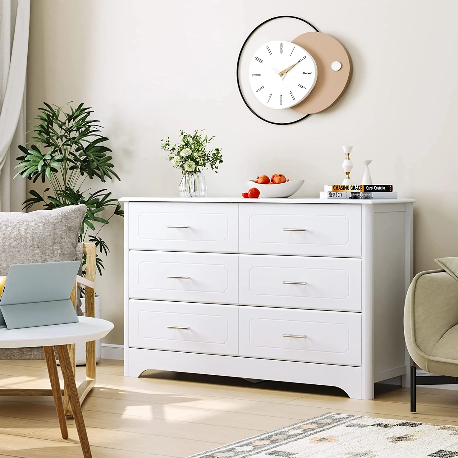 Drawer Dresser for Bedroom  Modern White Dressers  Wide Chest of Drawers with Metal Handels  Wood Storage Dresser Chest for Bedroom  Closet  Hallway  Living Room  White