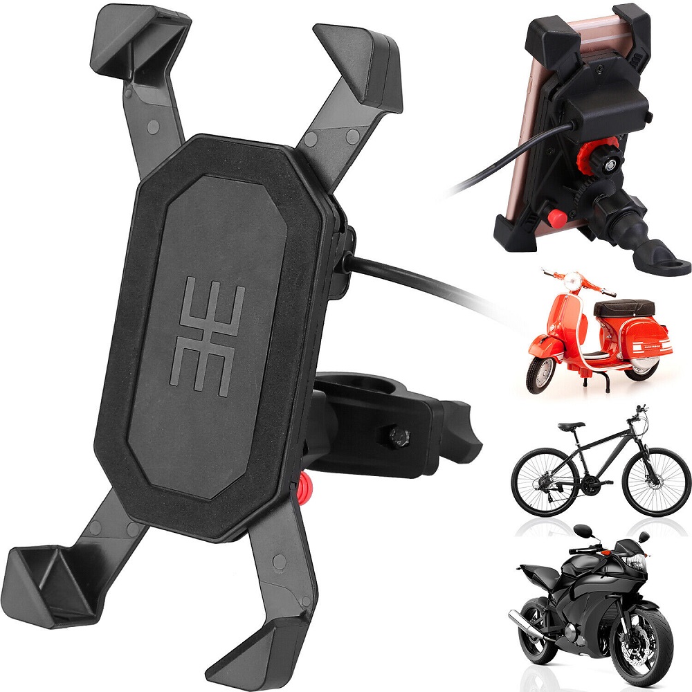 New Motorcycle Bike ATV Mobile Phone Handlebar Mirror Mount Holder USB Charger 12V