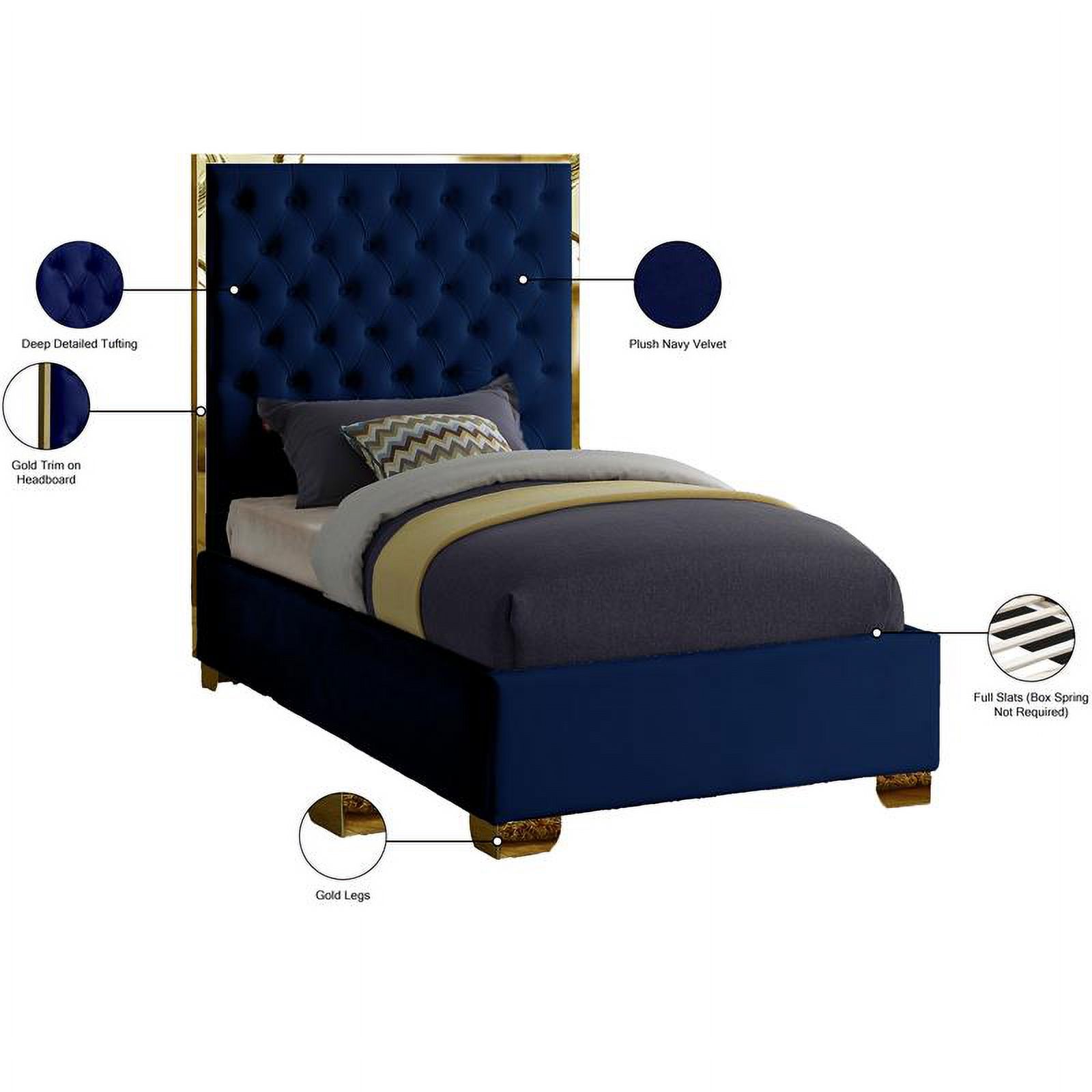 Maklaine Contemporary Solid Wood and Velvet Twin Bed in Navy