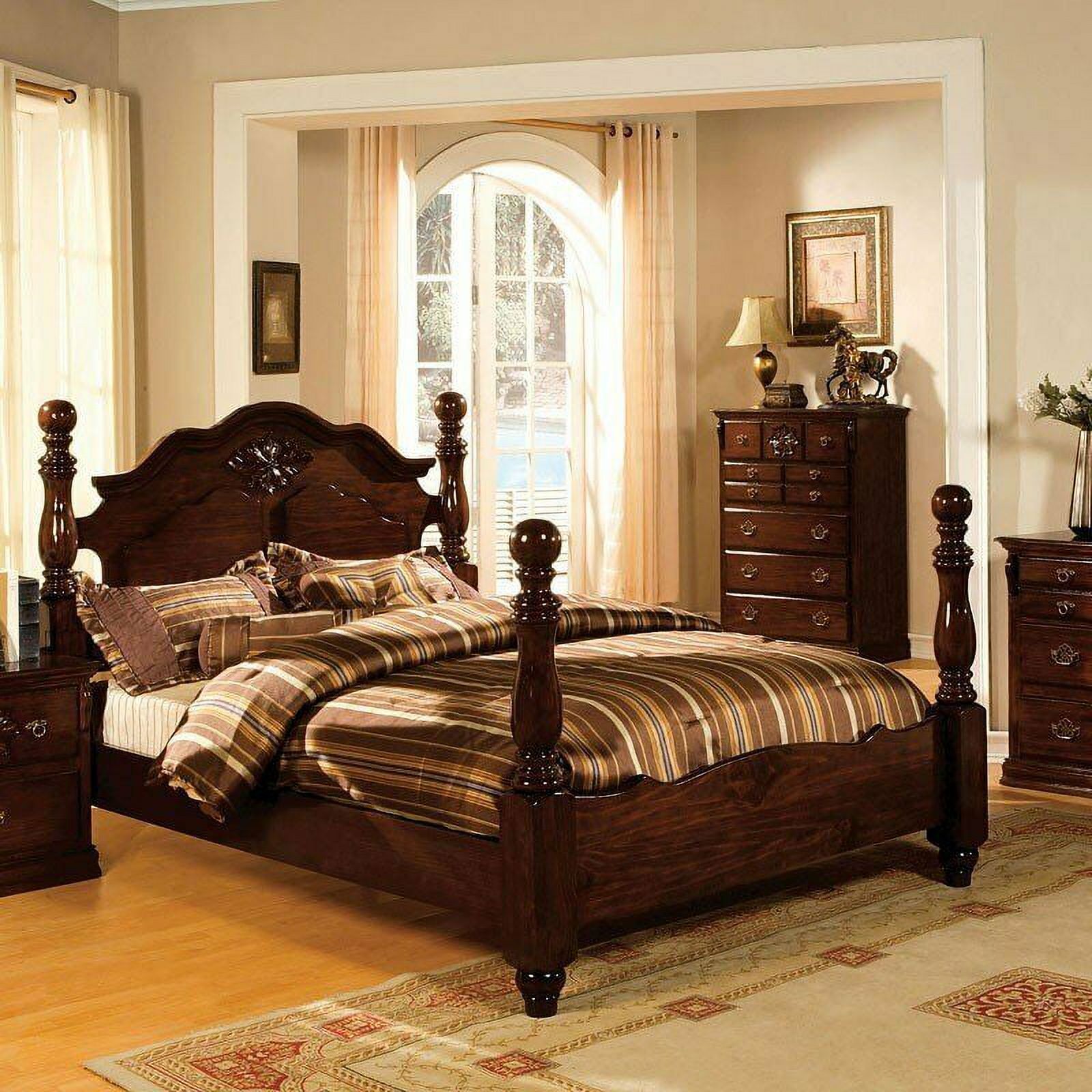 Classic Traditional Bedroom Furniture Queen Size Bed 1pc Set Headboard Footboard Posts Glossy Dark Pine Bedframe