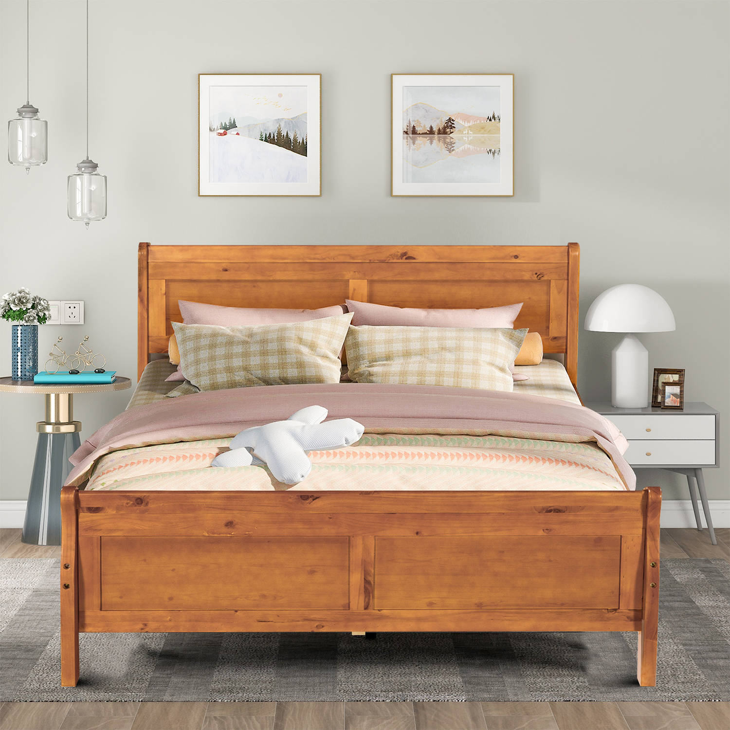 Classic and Minimalist Style Queen Size Wood Platform Bed with Headboard and Footboard, Oak