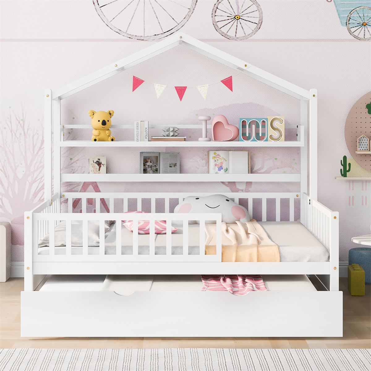 Full Size House Beds with Trundle and Storage Shelves,Wood Kids Trunlde Bed Full with Rails, Wood Playhouse Tent Bed Frame, Montessori Style House Beds for Kids Girls Boys, White