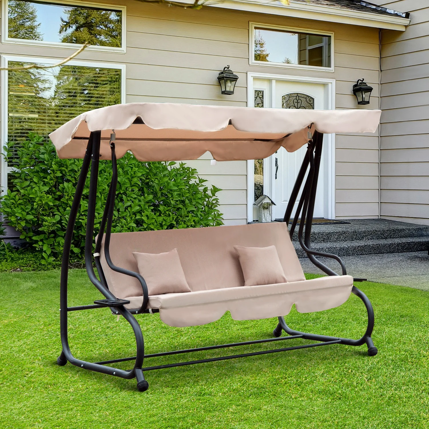 Outsunny 3-Seat Outdoor Patio Swing Chair, Converting Flatbed, Outdoor Swing Glider with Adjustable Canopy, Removable Cushion and Pillows, for Porch, Garden, Poolside, Backyard, Light Brown